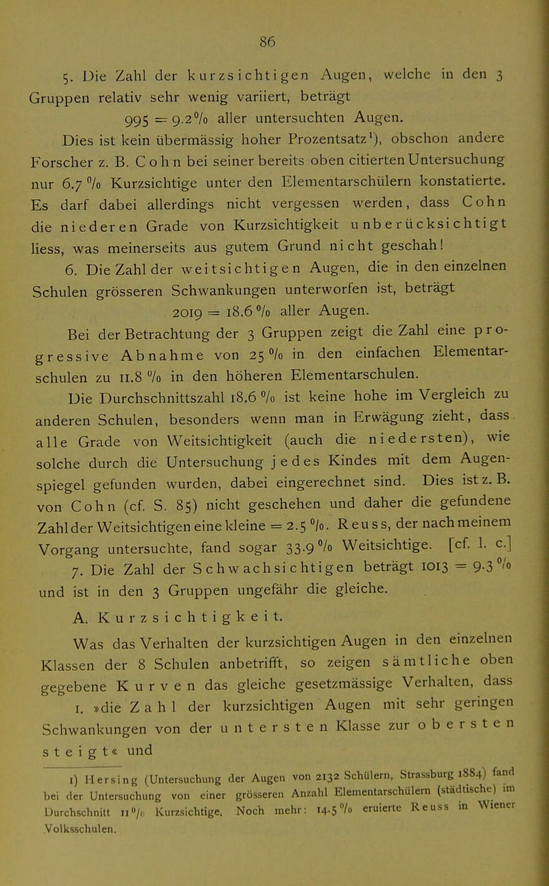 5. Die Zahl der kurzsichtigen Augen, welche in den 3 Gruppen relativ sehr wenig variiert, beträgt 995=9.2% aller untersuchten Augen. Dies ist kein übermässig hoher Prozentsatz'), obschon andere Forscher z. B. Cohn bei seiner bereits oben citierten Untersuchung nur 6.7 /o Kurzsichtige unter den Elementarschülern konstatierte. Es darf dabei allerdings nicht vergessen werden, dass Cohn die niederen Grade von Kurzsichtigkeit unberücksichtigt liess, was meinerseits aus gutem Grund nicht geschah! 6. Die Zahl der weitsichtigen Augen, die in den einzelnen Schulen grösseren Schwankungen unterworfen ist, beträgt 2019 = 18.6 /o aller Augen. Bei der Betrachtung der 3 Gruppen zeigt die Zahl eine pro- gressive Abnahme von 25% in den einfachen Elementar- schulen zu II.8 /o in den höheren Elementarschulen. Die Durchschnittszahl 18.6 % ist keine hohe im Vergleich zu anderen Schulen, besonders wenn man in Erwägung zieht, dass. alle Grade von Weitsichtigkeit (auch die niedersten), wie solche durch die Untersuchung jedes Kindes mit dem Augen- spiegel gefunden wurden, dabei eingerechnet sind. Dies ist z.B. von Cohn (cf. S. 85) nicht geschehen und daher die gefundene Zahl der Weitsichtigen eine kleine = 2.5 °/o. R e u s s, der nach meinem Vorgang untersuchte, fand sogar 33.9 /o Weitsichtige, [cf. 1. c] 7. Die Zahl der Schwachsichtigen beträgt 1013 = 9-3 und ist in den 3 Gruppen ungefähr die gleiche. A. Kurzsichtigkeit. Was das Verhalten der kurzsichtigen Augen in den einzelnen Klassen der 8 Schulen anbetrifft, so zeigen sämtliche oben gegebene Kurven das gleiche gesetzmässige Verhalten, dass I. »die Zahl der kurzsichtigen Augen mit sehr geringen Schwankungen von der untersten Klasse zur obersten steigt« und I) Her sing (Untersuchung der Augen von 2132 Schülern, Strassburg 1884) fand bei der Untersuchung von einer grösseren An/.ahl Elementarschülern (städtische) im Durchschnitt 11 »/r. Kurzsichtige. Noch mehr: 14.5/o eruierte Reuss in Wiener Volksschulen.