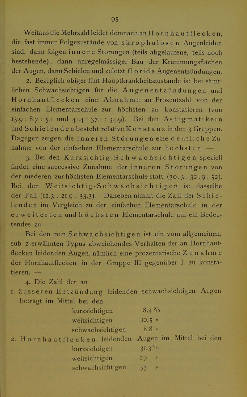 Weitaus die Mehrzahl leidet demnach an Hornhaut flecken, die fast immer Folgezustände von skrophulösen Augenleiden sind, dann folgen innere Störungen (teils abgelaufene, teils noch bestehende), dann unregelmässiger Bau der Krümmungsflächen der Augen, dann Schielen und zuletzt f 1 o r i d e Augenentzündungen. 2. Bezüglich obiger fünf Hauptkrankheitszustände ist bei sämt- lichen Schwachsichtigen für die Augenentzündungen und Hornhautflecken eine Abnahme an Prozentzahl von der einfachen Elementarschule zur höchsten zu konstatieren (von 13.9 : 8.7 : 5.1 und 41.4 : 37.1 : 34.9). Beiden As t i g m ati kern und Schiele n d e n besteht relative Konstanz in den 3 Gruppen. Dagegen zeigen die inneren Störungen eine deutliche Zu- nahme von der einfachen Elementarschule zur höchsten. — 3. Bei den Kurzsichtig-Schwachsichtigen speziell findet eine successive Zunahme der inneren Störungen von der niederen zur höchsten Elementarschule statt (30.3 : 32.9: 52). Bei den Weitsichtig-Schwachsichtigen ist dasselbe der Fall (12.3 : 21.9 : 33.3). Daneben nimmt die Zahl der Schie- lenden im Vergleich zu der einfachen Elementarschule in der erweiterten und höchsten Elementarschule um ein Bedeu- tendes zu. Bei den rein Schwachsichtigen ist ein vom allgemeinen, sub 2 erwähnten Typus abweichendes Verhalten der an Hornhaut- flecken leidenden Augen, nämlich eine prozentarische Zunahme der Hornhautflecken in der Gruppe III gegenüber I zu konsta- tieren. — 4. Die Zahl der an 1. äusseren Entzündung leidenden schwachsichtigen Augen beträgt im Mittel bei den kurzsichtigen 8.4% weitsichtigen 10.5 » schwachsichtigen 8.8 » 2. H o r n h a u t f 1 e c k e n leidenden Augen im Mittel bei den kurzsichtigen 31.3 /o weitsichtigen 1'^ » schwachsichtigen 53 »