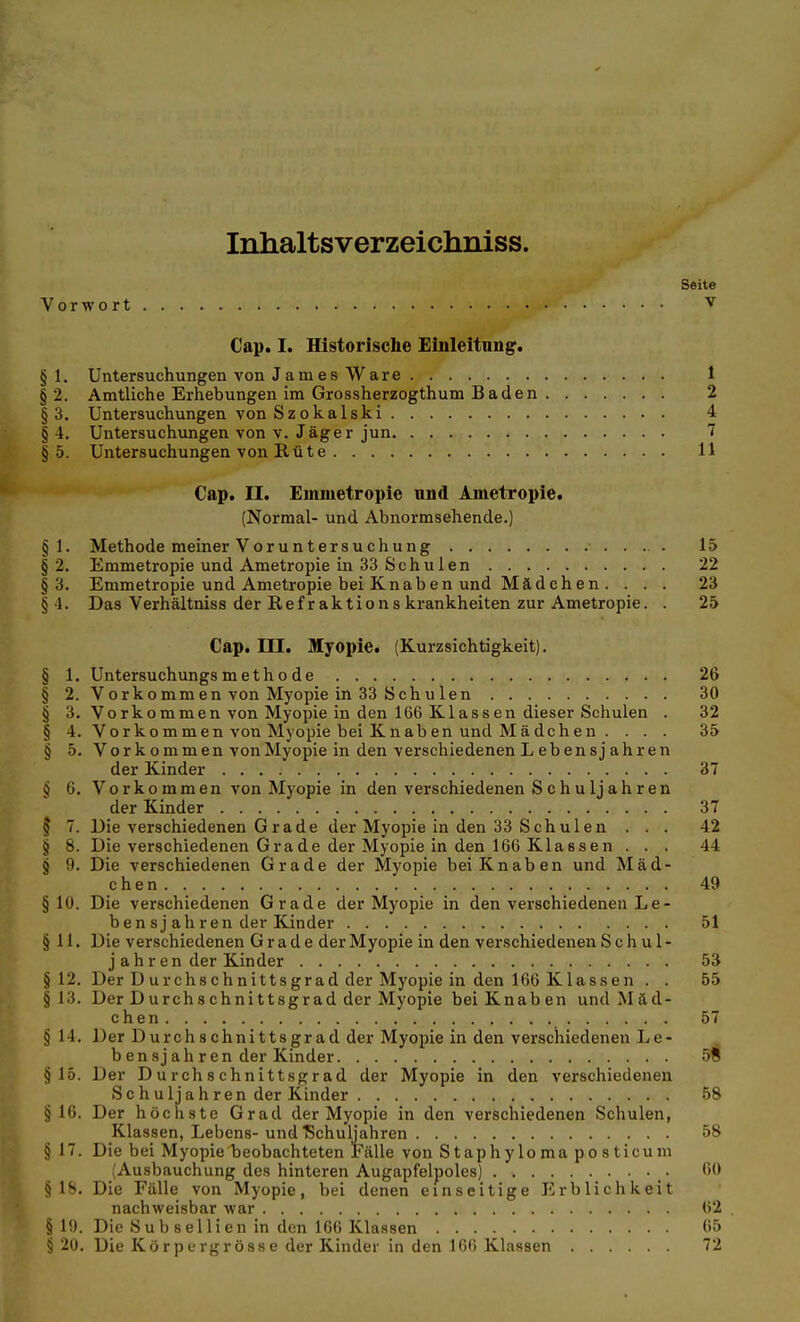 Inhaltsverzeichniss. Seite Vorwort Cap. I. Historische Einleitnng. § 1. Untersuchungen von J a m e s W are 1 § 2. Amtliche Erhebungen im Grossherzogthum Baden 2 §3. Untersuchungen von S z 0 k a 1 s k i 4 § 4. Untersuchungen von v. Jäger jun 7 § 5. Untersuchungen von Rüte 11 Cap. II. Einmetropie und Ametropie. (Normal- und Abnormsehende.) § 1. Methode meiner Voruntersuchung 15 §2. Emmetropie und Ametropie in 33 Schulen 22 §3. Emmetropie und Ametropie bei Knaben und Mädchen . ... 23 § 1. Das Verhältniss der Refr aktions krankheiten zur Ametropie. . 25 Cap. HI. Myopie. (Kurzsichtigkeit). § 1. Untersuchungsmethode 26 § 2. Vorkommen von Myopie in 33 Schulen 30 § 3. Vorkommen von Myopie in den 166 Klassen dieser Schulen . 32 § 4. Vorkommen von Myopie bei Knaben und Mädchen . ... 35 § 5. Vorkommen vonMyopie in den verschiedenen Lebensjahren der Kinder 37 § 6. Vorkommen vonMyopie in den verschiedenen S c h u Ij a h ren der Kinder 37 § 7. Die verschiedenen Grade der Myopie in den 33 Schulen ... 42 § 8. Die verschiedenen Grade der Myopie in den 166 Klassen. . . 44 § 9. Die verschiedenen Grade der Myopie bei Knaben und Mäd- chen 49 §10. Die verschiedenen Grade der Myopie in den verschiedenen Le- bensjahren der Kinder 51 § 11. Die verschiedenen Grade der Myopie in den verschiedenen Schul- j ah r en der Kinder 53 §12. Der D u r chs c h n i tts gr ad der Myopie in den 166 K la SS en . . 55 §13. Der Durchschnittsgrad der Myopie bei Knaben und Mäd- chen 57 §14. Der Durch Schnitts gr ad der Myopie in den verschiedenen Le- ben sj ah r en der Kinder 5S §15. Der D u rch s chni11sgr ad der Myopie in den verschiedenen Schuljahren der Kinder 58 § 16. Der höchste Grad der Myopie in den verschiedenen Schulen, Klassen, Lebens- und ^Schuljahren 58 § 17. Die bei Myopie beobachteten Fälle von Staphyloma posticum (Ausbauchung des hinteren Augapfelpoles) ■ <>0 §18. Die Fälle von Myopie, bei denen einseitige Erblichkeit nachweisbar war 62 §19. Die S u b 8 e 11 ien in den 166 Klassen 65 § 20. Die Körpurgrösse der Kinder in den 166 Klassen 72