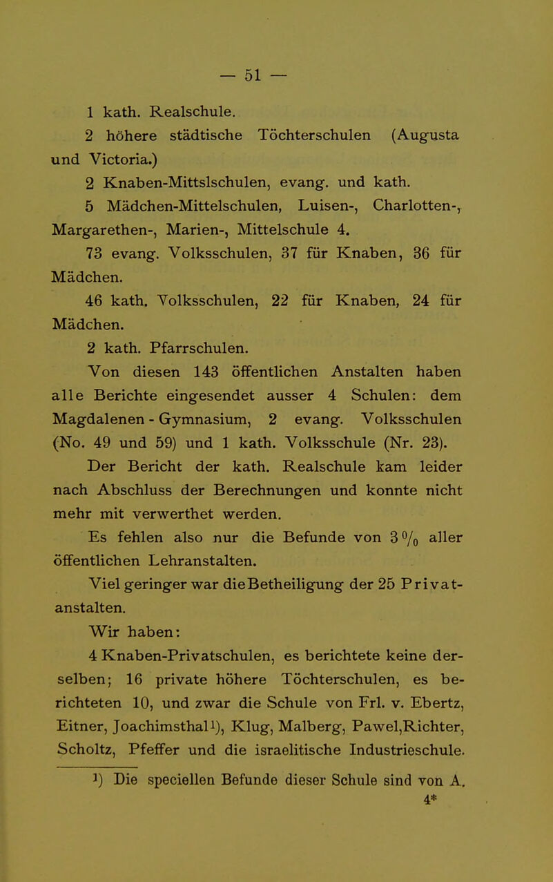 1 kath. Realschule. 2 höhere städtische Töchterschulen (Augusta und Victoria.) 2 Knaben-Mittslschulen, evang. und kath. 5 Mädchen-Mittelschulen, Luisen-, Charlotten-, Margarethen-, Marien-, Mittelschule 4. 73 evang. Volksschulen, 37 für Knaben, 36 für Mädchen. 46 kath. Yolksschulen, 22 für Knaben, 24 für Mädchen. 2 kath. Pfarrschulen. Von diesen 143 öffentlichen Anstalten haben alle Berichte eingesendet ausser 4 Schulen: dem Magdalenen - Gymnasium, 2 evang. Volksschulen (No. 49 und 59) und 1 kath. Volksschule (Nr. 23). Der Bericht der kath. Realschule kam leider nach Abschluss der Berechnungen und konnte nicht mehr mit verwerthet werden. Es fehlen also nur die Befunde von 3 % aller öffentlichen Lehranstalten. Viel geringer war die Betheiligung der 25 Privat- anstalten. Wir haben: 4 Knaben-Privatschulen, es berichtete keine der- selben; 16 private höhere Töchterschulen, es be- richteten 10, und zwar die Schule von Frl. v. Ebertz, Eitner, Joachimsthal1), Klug, Malberg, Pawel,Richter, Scholtz, Pfeffer und die israelitische Industrieschule. ]) Die speciellen Befunde dieser Schule sind von A. 4*