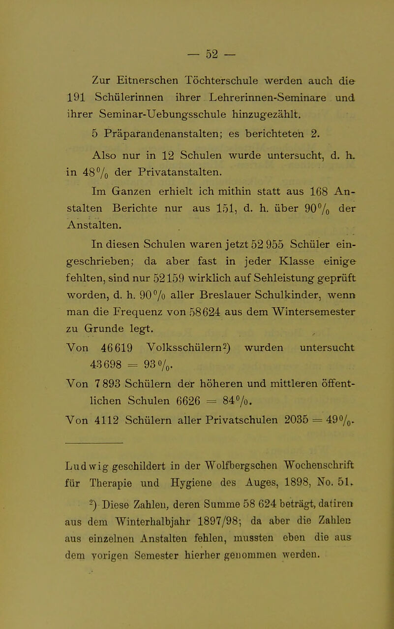 Zur Eitnerschen Töchterschule werden auch die 191 Schülerinnen ihrer Lehrerinnen-Seminare und ihrer Seminar-Uebungsschule hinzugezählt. 5 Präparandenanstalten; es berichteten 2. Also nur in 12 Schulen wurde untersucht, d. h. in 48% ^er Privatanstalten. Im Ganzen erhielt ich mithin statt aus 168 An- stalten Berichte nur aus 151, d. h. über 90% der Anstalten. In diesen Schulen waren jetzt 52 955 Schüler ein- geschrieben; da aber fast in jeder Klasse einige fehlten, sind nur 52159 wirklich auf Sehleistung geprüft worden, d. h. 90% aller Breslauer Schulkinder, wenn man die Frequenz von 58624 aus dem Wintersemester zu Grunde legt. Von 46619 Volksschülern2) wurden untersucht 43698 = 93<>/0. Von 7 893 Schülern der höheren und mittleren öffent- lichen Schulen 6626 = 84%. Von 4112 Schülern aller Privatschulen 2035 = 49%. Ludwig geschildert in der Wolfbergschen Wochenschrift für Therapie und Hygiene des Auges, 1898, No. 51. 2) Diese Zahlen, deren Summe 58 624 beträgt, datiren aus dem Winterhalbjahr 1897/98; da aber die Zahlen aus einzelnen Anstalten fehlen, mussten eben die aus dem vorigen Semester hierher genommen werden.