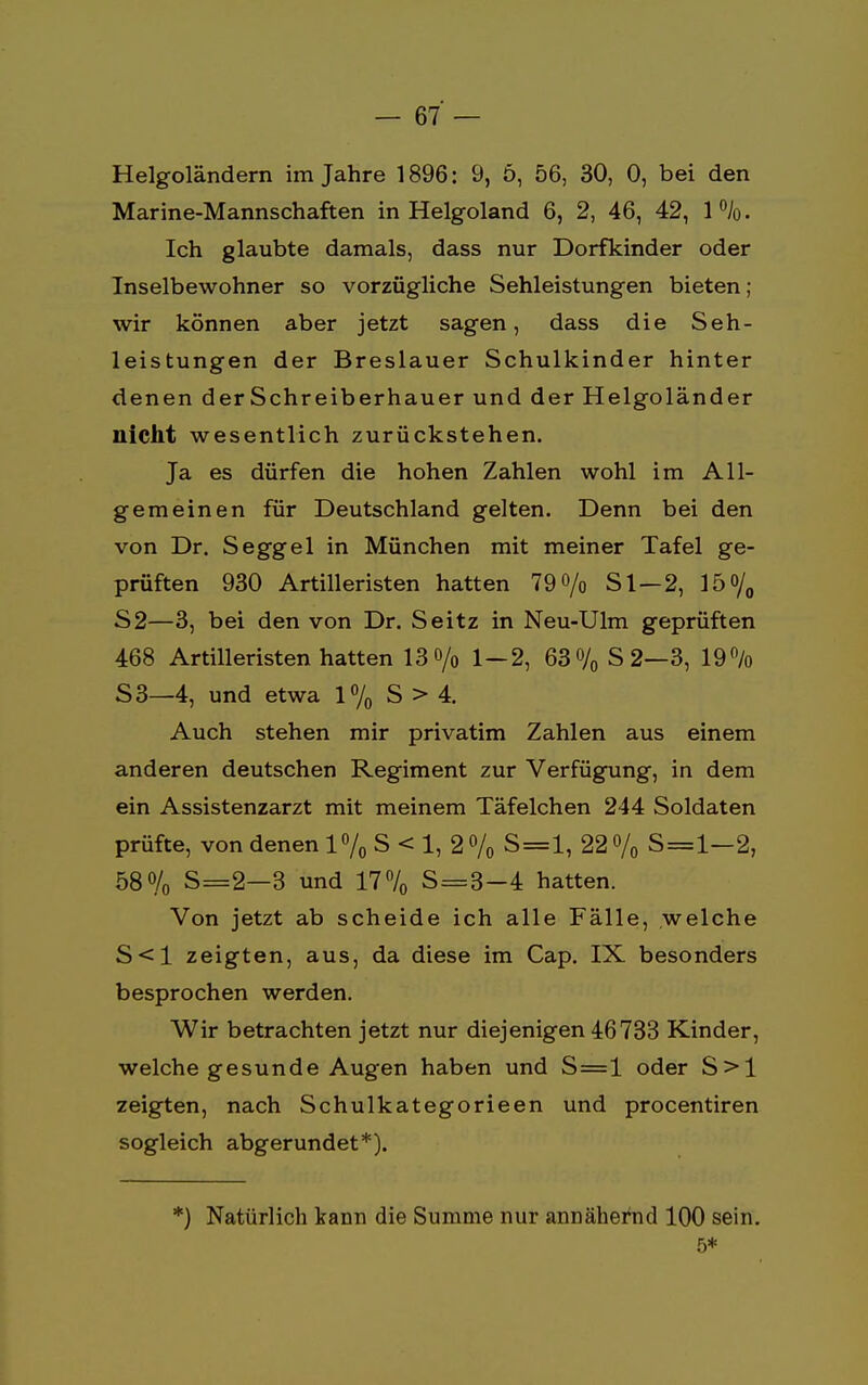 Helgoländern im Jahre 1896: 9, 5, 56, 30, 0, bei den Marine-Mannschaften in Helgoland 6, 2, 46, 42, 1%. Ich glaubte damals, dass nur Dorfkinder oder Inselbewohner so vorzügliche Sehleistungen bieten ; wir können aber jetzt sagen, dass die Seh- leistungen der Breslauer Schulkinder hinter denen der Schreiberhauer und der Helgoländer nicht wesentlich zurückstehen. Ja es dürfen die hohen Zahlen wohl im All- gemeinen für Deutschland gelten. Denn bei den von Dr. Seggel in München mit meiner Tafel ge- prüften 930 Artilleristen hatten 79 o/o Sl—2, 15% 52— 3, bei den von Dr. Seitz in Neu-Ulm geprüften 468 Artilleristen hatten 13 o/o 1 — 2, 63 0/0 S 2—3, 19% 53— 4, und etwa 1% S > 4. Auch stehen mir privatim Zahlen aus einem anderen deutschen Regiment zur Verfügung, in dem ein Assistenzarzt mit meinem Täfelchen 244 Soldaten prüfte, von denen 1% S < 1, 2 % S=l, 22 % S=l—2, 58 o/0 S=2—3 und 17% S=3-4 hatten. Von jetzt ab scheide ich alle Fälle, welche S<1 zeigten, aus, da diese im Cap. IX besonders besprochen werden. Wir betrachten jetzt nur diejenigen 46733 Kinder, welche gesunde Augen haben und S=l oder S>1 zeigten, nach Schulkategorieen und procentiren sogleich abgerundet*). *) Natürlich kann die Summe nur annähernd 100 sein. 5*