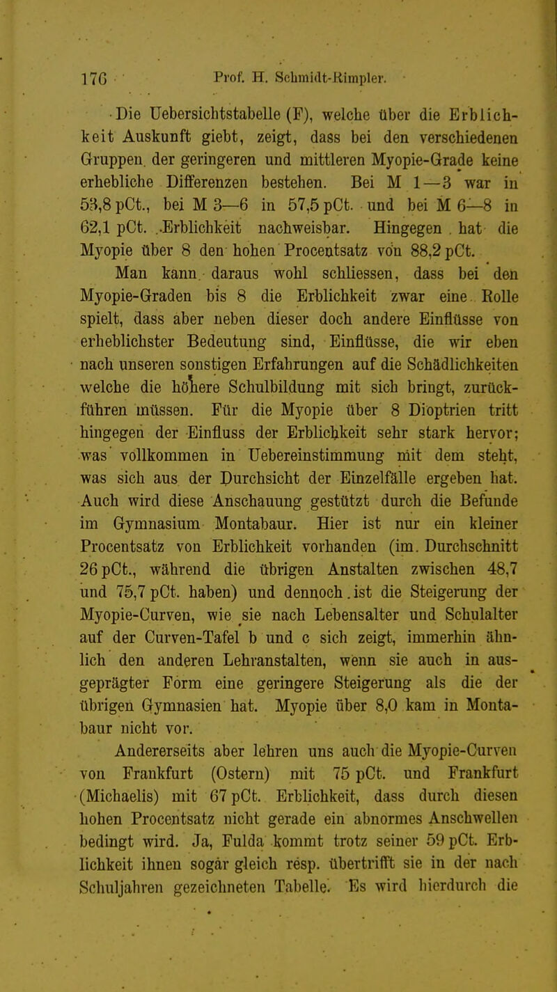 • Die Uebersichtstabelle (F), welche über die Erblich- keit Auskunft giebt, zeigt, dass bei den verschiedenen Gruppen, der geringeren und mittleren Myopie-Grade keine erhebliche Differenzen bestehen. Bei M 1—3 war in 53,8 pCt., bei M 3—6 in 57,5 pCt. und bei M 6—8 in 62,1 pCt. ..Erblichkeit nachweisbar. Hingegen . hat die Myopie über 8 den hohen Procentsatz von 88,2 pCt. Man kann, daraus wohl schliessen, dass bei den Myopie-Graden bis 8 die Erblichkeit zwar eine. Rolle spielt, dass aber neben dieser doch andere Einflüsse von erheblichster Bedeutung sind, Einflüsse, die wir eben nach unseren sonstigen Erfahrungen auf die Schädlichkeiten welche die höhere Schulbildung mit sich bringt, zurück- führen müssen. Für die Myopie über 8 Dioptrien tritt hingegen der Einfluss der Erblichkeit sehr stark hervor; was vollkommen in Uebereinstimmung mit dem steht, was sich aus der Durchsicht der Einzelfälle ergeben hat. Auch wird diese Anschauung gestützt durch die Befunde im Gymnasium Montabaur. Hier ist nur ein kleiner Procentsatz von Erblichkeit vorhanden (im. Durchschnitt 26pCt., während die übrigen Anstalten zwischen 48,7 und 75,7pCt. haben) und dennoch.ist die Steigerung der Myopie-Curven, wie sie nach Lebensalter und Schulalter auf der Curven-Tafel b und c sich zeigt, immerhin ähn- lich den anderen Lehranstalten, wenn sie auch in aus- geprägter Form eine geringere Steigerung als die der übrigen Gymnasien hat. Myopie über 8,0 kam in Monta- baur nicht vor. Andererseits aber lehren uns auch die Myopie-Curven von Frankfurt (Ostern) mit 75 pCt. und Frankfurt (Michaelis) mit 67 pCt. Erblichkeit, dass durch diesen hohen Procentsatz nicht gerade ein abnormes Anschwellen bedingt wird. Ja, Fulda kommt trotz seiner 59 pCt. Erb- lichkeit ihnen sogar gleich resp. übertrifft sie in der nach Schuljahren gezeichneten Tabelle^ Es wird hierdurch die