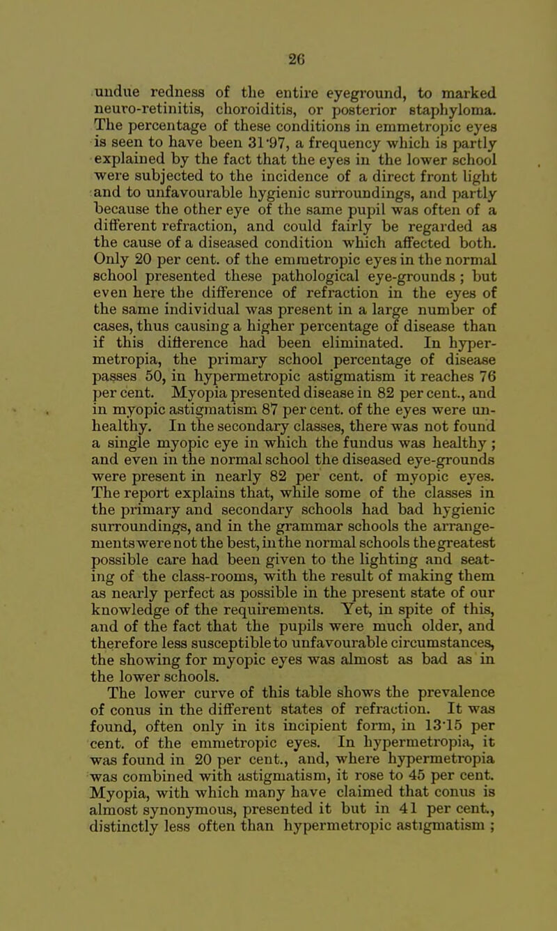 undue redness of the entire eyeground, to marked neuro-retinitis, choroiditis, or posterior staphyloma. The percentage of these conditions in emmetropic eyes is seen to have been 3r97, a frequency which is partly explained by the fact that the eyes in the lower school were subjected to the incidence of a direct front light and to unfavourable hygienic surroundings, and partly because the other eye of the same pupil was often of a different refraction, and could fairly be regarded as the cause of a diseased condition which affected both. Only 20 per cent, of the emmetropic eyes in the normal school presented these pathological eye-grounds; but even here the difference of refraction in the eyes of the same individual was present in a large number of cases, thus causing a higher percentage of disease than if this difference had been eliminated. In hyper- metropia, the primary school percentage of disease passes 50, in hypermetropic astigmatism it reaches 76 per cent. Myopia presented disease in 82 per cent., and in myopic astigmatism 87 per cent, of the eyes were un- healthy. In the secondary classes, there was not found a single myopic eye in which the fundus was healthy ; and even in the normal school the diseased eye-grounds were present in nearly 82 per cent, of myopic eyes. The report explains that, while some of the classes in the primary and secondary schools had bad hygienic surroundings, and in the grammar schools the arrange- ments were not the best, in the normal schools the greatest possible care had been given to the lighting and seat- ing of the class-rooms, with the result of making them as nearly perfect as possible in the present state of our knowledge of the requirements. Yet, in spite of this, and of the fact that the pupils were much older, and therefore less susceptible to unfavourable circumstances, the showing for myopic eyes was almost as bad as in the lower schools. The lower curve of this table shows the prevalence of conus in the different states of refraction. It was found, often only in its incipient form, in 1315 per cent, of the emmetropic eyes. In hypermetropia, it was found in 20 per cent., and, where hypermetropia was combined with astigmatism, it rose to 45 per cent. Myopia, with which many have claimed that conus is almost synonymous, presented it but in 41 percent, distinctly less often than hypermetropic astigmatism ;