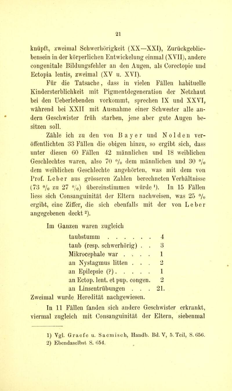 knüpft, zweimal Schwerhörigkeit (XX—XXI), Ziirückgeblie- bensein in der körperlichen Entwickeliing einmal (XVII), andere congenitale Bildlingsfehler an den Augen, als Corectopie und Ectopia lentis, zweimal (XV u. XVI). Für die Tatsache, dass in vielen Fällen habituelle Kindersterblichkeit mit Pigmentdegeneration der Netzhaut bei den Ueberlebenden vorkommt, sprechen IX und XXVI, w^ährend bei XXII mit Ausnahme einer Schwester alle an- dern Geschwister früh starben, jene aber gute Augen be- sitzen soll. Zähle ich zu den von Bayer und N o 1 d e n ver- öffentlichten 33 Fällen die obigen hinzu, so ergibt sich, dass unter diesen 60 Fällen 42 männliclien und 18 weiblichen Geschlechtes waren, also 70 % dem männlichen und 30 dem weiblichen Geschlechte angehörten, was mit dem von Prof. Leber aus grösseren Zahlen berechneten Verhältnisse (73 % zu 27 Vo) übereinstimmen würde In 15 Fällen liess sich Consanguinität der Eltern nachweisen, was 25 % ergibt, eine Ziffer, die sich ebenfalls mit der von Leber angegebenen deckt 2). Im Ganzen waren zugleich taubstumm 4 taub (resp. schwerhörig) . . 3 Mikrocephale war .... 1 an Nystagmus litten ... 2 an Epilepsie (?) 1 an Ectop. lent. et pup. congen. 2 an Linsentrübungen . . . 21. Zweimal wurde Heredität nachgewiesen. In 11 Fällen fanden sich andere Geschwister erkrankt, viermal zugleich mit Consanguinität der Eltern, siebenmal 1) Vgl. Graefe u. Saemisch, Handb. Bd. V, 5. Teil, S. 656. 2) Ebendaselbst S. 654.