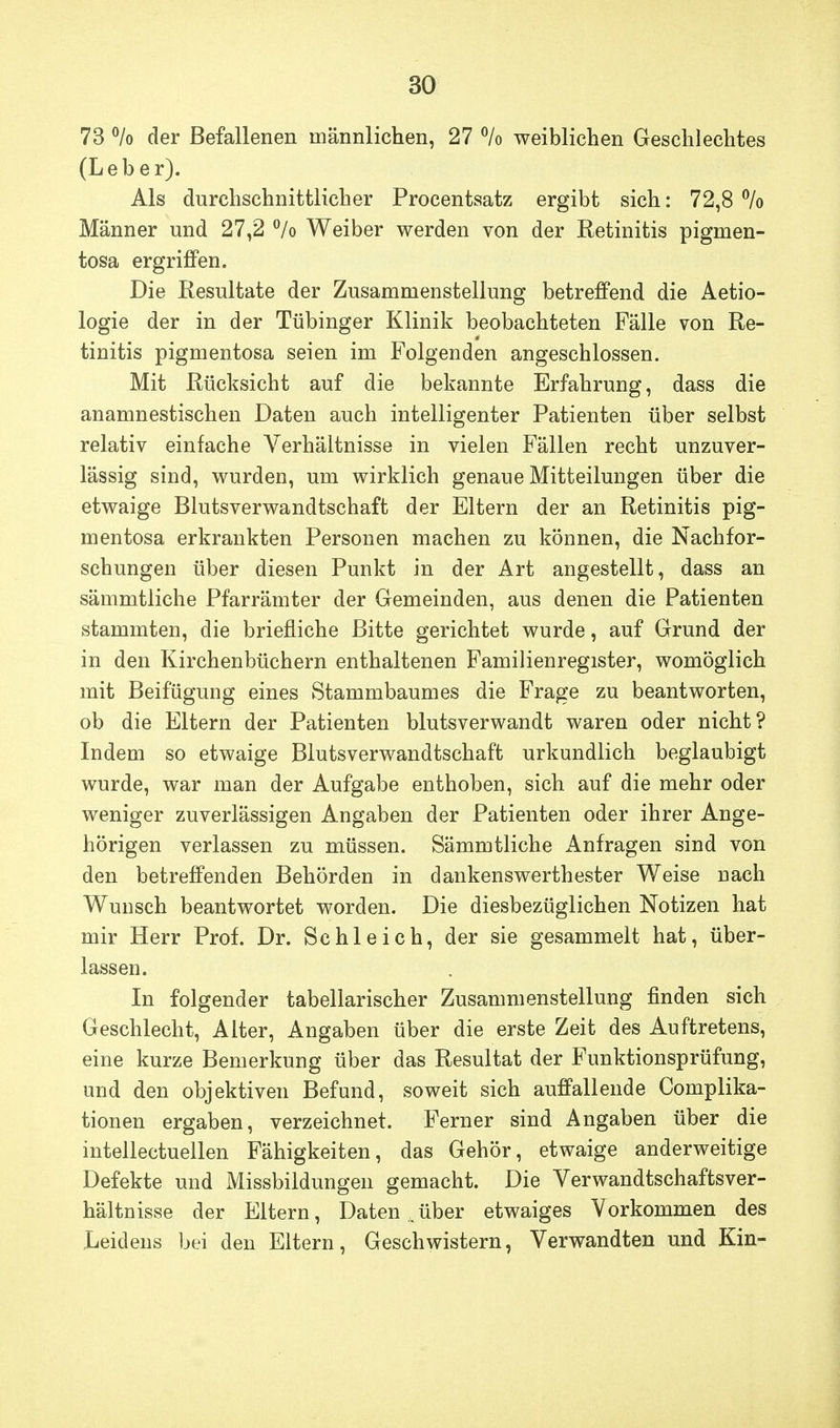 73 % der Befallenen männlichen, 27 % weibliclien Geschlechtes (Leber). Als durchschnittlicher Procentsatz ergibt sich: 72,8 % Männer und 27,2 ^/o Weiber werden von der Retinitis pigmen- tosa ergriffen. Die Resultate der Zusammenstellung betreffend die Aetio- logie der in der Tübinger Klinik beobachteten Fälle von Re- tinitis pigmentosa seien im Folgenden angeschlossen. Mit Rücksicht auf die bekannte Erfahrung, dass die anamnestischen Daten auch intelligenter Patienten über selbst relativ einfache Verhältnisse in vielen Fällen recht unzuver- lässig sind, wurden, um wirklich genaue Mitteilungen über die etwaige Blutsverwandtschaft der Eltern der an Retinitis pig- mentosa erkrankten Personen machen zu können, die Nachfor- schungen über diesen Punkt in der Art angestellt, dass an sämmtliche Pfarrämter der Gemeinden, aus denen die Patienten stammten, die briefliche Bitte gerichtet wurde, auf Grund der in den Kirchenbüchern enthaltenen Familienregister, womöglich mit Beifügung eines Stammbaumes die Frage zu beantworten, ob die Eltern der Patienten blutsverwandt waren oder nicht? Indem so etwaige Blutsverwandtschaft urkundlich beglaubigt wurde, war man der Aufgabe enthoben, sich auf die mehr oder weniger zuverlässigen Angaben der Patienten oder ihrer Ange- hörigen verlassen zu müssen. Sämmtliche Anfragen sind von den betreffenden Behörden in dankenswerthester Weise nach Wunsch beantwortet worden. Die diesbezüglichen Notizen hat mir Herr Prof. Dr. Schleich, der sie gesammelt hat, über- lassen. In folgender tabellarischer Zusammenstellung finden sich Geschlecht, Alter, Angaben über die erste Zeit des Auftretens, eine kurze Bemerkung über das Resultat der Funktionsprüfung, und den objektiven Befund, soweit sich auffallende Complika- tionen ergaben, verzeichnet. Ferner sind Angaben über die intellectuellen Fähigkeiten, das Gehör, etwaige anderweitige Defekte und Missbildungen gemacht. Die Verwandtschaftsver- hältnisse der Eltern, Daten,über etwaiges Vorkommen des Leidens bei den Eltern, Geschwistern, Verwandten und Kin-
