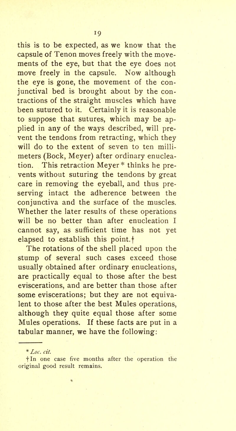 this is to be expected, as we know that the capsule of Tenon moves freely with the move- ments of the eye, but that the eye does not move freely in the capsule. Now although the eye is gone, the movement of the con- junctival bed is brought about by the con- tractions of the straight muscles which have been sutured to it. Certainly it is reasonable to suppose that sutures, which may be ap- plied in any of the ways described, will pre- vent the tendons from retracting, which they will do to the extent of seven to ten milli- meters (Bock, Meyer) after ordinary enuclea- tion. This retraction Meyer* thinks he pre- vents without suturing the tendons by great care in removing the eyeball, and thus pre- serving intact the adherence between the conjunctiva and the surface of the muscles. Whether the later results of these operations will be no better than after enucleation I cannot say, as sufficient time has not yet elapsed to establish this point, f The rotations of the shell placed upon the stump of several such cases exceed those usually obtained after ordinary enucleations, are practically equal to those after the best eviscerations, and are better than those after some eviscerations; but they are not equiva- lent to those after the best Mules operations, although they quite equal those after some Mules operations. If these facts are put in a tabular manner, we have the following: *Loc. cit. fin one case five months after the operation the original good result remains.