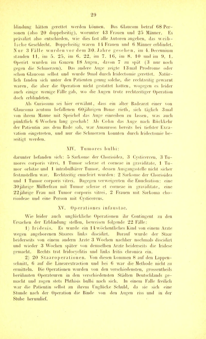 blindung liätU'ii gcreüel wcrticii köiiia'ii. Das (ilaiicoiii lielraf 68 Per- sonen (also 20 (loppelsciliy), AMirimIci- '<3 Frauen und 2-j Männer. Es prävalirl also enlscliieilen, wie dies l'asl alle Aiilnren angeben, <las weib- liche GescIdeelU. Doiipelseilig waren 1 4 Frauen und (> Männer erblindet. Nur 3 Fälle wurden vor dein 30. .labre gesehen, im 4. Deeenniuni standen 11, im 5. 25, im ß. 22, im 7. IC, im 8. 10 und im 9, 1. Operirt wurden im Ganzen 18 Ang(!n, davon 7 zu sjtäl (3 nur noch gegen die Schmerzen). Das andere Auge zeigte 13 mal Diodronn? oder sclnni (ilaucom selbst und wmde Omal durch Iridedomie gerettet. Natür- lich landen sich unter den I'alienten genug solche, die rechtzeitig gewarnt waren, die aber die Operalion niciit gestallet liatlen, wogegen es leider auch einige wenige Fälle gab, wo die Augen trotz lecblzeitiger Operation doch erblindeten. Als Curiosuni sei hier eruäbnt, dass ein aller Badearzt einer von Glaucoma aeiiluui befallenen (iOjährigen Dame rielh, sich täglich 3mal von ihrem Maime uiil Speichel das Auge eiuicibeu zu lassen, was auch piinkliicli (i WUchen lang geschah! Als (iobn das Auge nacii Rückkehr der Patientin aus d(!ni Bade sah, war Amaurose bereits bei liefsler Exca- valion eingetreten, und nur die Schmerzen konnten durch Iridedomie be- seitigt werden. XIV. Tuuii.res bulhi: darunter befanden sich: 5 Sarkome der (Jhorioidea, 3 Cyslicei'cen, 3 Tu- luores corporis vilrei, 1 Tumor sclerae et c(nneae in giavidilale, 1 Tu- mor orbitae unil 1 intrabulbärer Tumor, dessen Ausgangsstelle niclil sicher festzustellen war. Beclitzeilig eniicicirt wurden: 2 Sarkome der Gloirioidea und 1 Tuuior corpiiris \ itrei. Dagegen verweigerlen die Eiundealidii: eine 30jährige Miillerfrau mit TnuKir sciei'ae el corneae in graviditale, eine 22jährige Frau mit Tumor corporis vitrei, 2 Frauen mit Sarkoma cho- rioidcae und eine Person mit (Cysticercus. XV. (>|ierationes infauslae. Wie leider auch ungUickliclu: Operationen ihr Conlingent zu den Ursachen der Erblindnng stellen, beweisen folgende 22 Fälle: 1) Iridesis. Es wurde ein 14wöchentliches Kind v(m einem Arzte wegen angeborenen Staares links discidirt. Darauf wurde der Slaar beiderseits vtm einem andern Arzte 3 Wochen nachher nochmals discidirt und wieder 3 Wochen sjiäter von demselben Arzte beiderseits die Iridese gemacht. Rechts trat Iridocyclitis und links Iritis chronica ein. 2) 20 Staaroperationen. Von diesen konniien 8 nnf den Lappen- schnitt, 6 nnf die Lincarextraclion nnd bei 6 war die Methode nicht zu ermitteln. Die Operali(jnen wurden von den verschiedensten, grosseniheils berühmten Operateuren in den verschiedensten Städten Deutschlands ge- macht und zogen stets Phtlüsis liulbi nach sich. In einem l'^alh; freilich war die Patientin selbst an ihrem Unglücke Schuld, da sie sich eine Stnnde nach der Operation die Binde von den Augen riss und in der Stube herumlief.