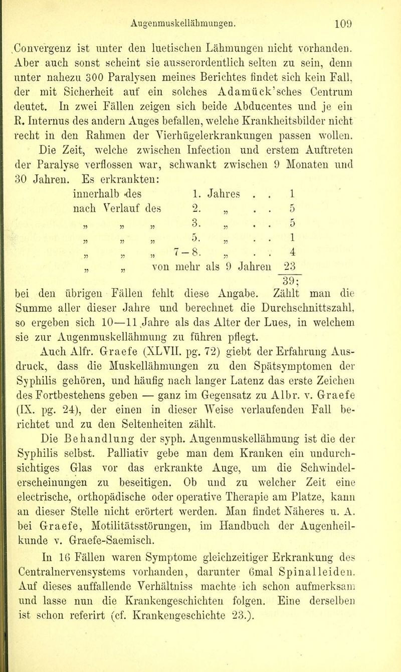 ,Convergenz ist unter den luetischen Lähmungen nicht vorhanden. Aber auch sonst scheint sie ausserordentlich selten zu sein, denn unter nahezu 300 Paralysen meines Berichtes findet sich kein Fall, der mit Sicherheit auf ein solches Adamück'sches Centrum deutet. In zwei Fällen zeigen sich beide Abducentes und je ein R. Internus des andern Auges befallen, welche Krankheitsbilder nicht recht in den Rahmen der Vierhügelerkrankungen passen wollen. Die Zeit, welche zwischen Infection und erstem Auftreten der Paralyse verflossen war, schwankt zwischen 9 Monaten und 30 Jahren. Es erkrankten: bei den übrigen Fällen fehlt diese Angabe. Zählt man die Summe aller dieser Jahre und berechnet die Durchschnittszahl, so ergeben sich 10—11 Jahre als das Alter der Lues, in welchem sie zur Augenmuskellähinung zu führen pflegt. Auch Alfr. Graefe (XLVII. pg. 72) giebt der Erfahrung Aus- druck, dass die Muskellähmungen zu den Spätsymptomen der Syphilis gehören, und häufig nach langer Latenz das erste Zeichen des Fortbestehens geben — ganz im Gegensatz zu Albr. v. Graefe (IX. pg. 24), der einen in dieser Weise verlaufenden Fall be- richtet und zu den Seltenheiten zählt. Die Behandlung der syph. Augenmuskellähmung ist die der Syphilis selbst. Palliativ gebe man dem Kranken ein undurch- sichtiges Glas vor das erkrankte Auge, um die Schwindel- erscheinungen zu beseitigen. Ob und zu welcher Zeit eine electrische, orthopädische oder operative Therapie am Platze, kann an dieser Stelle nicht erörtert werden. Man findet Näheres u. A. bei Graefe, Motilitätsstörungen, im Handbuch der Augenheil- kunde v. Graefe-Saemisch. In 16 Fällen waren Symptome gleichzeitiger Erkrankung des Centrainervensystems vorhanden, darunter 6mal Spinal leiden. Auf dieses auffallende Verhältniss machte ich schon aufmerksam und lasse nun die Krankengeschichten folgen. Eine derselben ist schon referirt (cf. Krankengeschichte 23.). innerhalb «des nach Verlauf des 1. Jahres . . 1 2. , . . 5 von mehr als 9 Jahren 23 39;