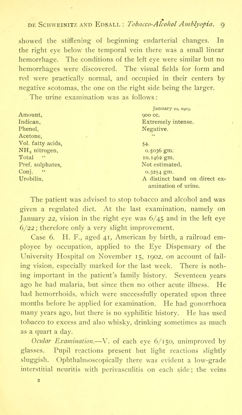 showed the stiffening of beginning endarterial changes. In the right eye below the temporal vein there was a small linear hemorrhage. The conditions of the left eye were similar but no hemorrhages were discovered. The visual fields for form and red were practically normal, and occupied in their centers by negative scotomas, the one on the right side being the larger. The urine examination was as fohows: The patient was advised to stop tobacco and alcohol and was given a regulated diet. At the last examination, namely on January 22, vision in the right eye was 6/45 and in the left eye 6/22; therefore only a very slight improvement. Case 6. H. F., aged 41, American by birth, a railroad em- ployee by occupation, applied to the Eye Dispensary of the University Hospital on November 15, 1902, on account of fail- ing vision, especially marked for the last week. There is noth- ing important in the patient's family history. Seventeen years ago he had malaria, but since then no other acute illness. He had hemorrhoids, which were successfully operated upon three months before he applied for examination. He had gonorrhoea many years ago, but there is no syphilitic history. He has used tobacco to excess and also whisky, drinking sometimes as much as a quart a day. Ocular Examination.—V. of each eye 6/150, unimproved by glasses. Pupil reactions present but light reactions slightly sluggish. Ophthalmoscopically there was evident a low-grade interstitial neuritis with perivasculitis on each side; the veins Amount, Indican, Phenol, Acetone, 900 CO. Extremely intense. Negative. Vol. fatty acids, NH3 nitrogen. Total  Pref. sulphates, Conj. Urobilin, 54- 0-5036 gm. 10.1462 gm. Not estimated. 0.3254 gm. A distinct band on direct ex- amination of urine. 2