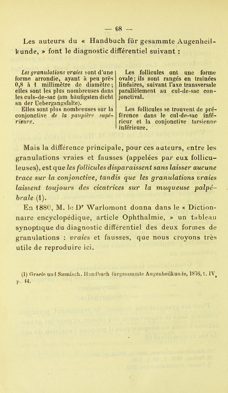 Les auteurs du « Handbuch fur gesammte Augenheil- kunde, » font le diagnostic différentiel suivant : Les granulations vraies sont d'une forme arrondie, ayant à peu près 0,8 à 1 millimètre de diamètre ; eiles sont les plus nombreuses dans les culs-de-sac (am haufigsten dicht an der Uebergangsfalte). Elles sont plus nombreuses sur la conjonctive de la paupière supé- rieure. Les follicules ont une forme ovale ; ils sont rangés en traînées linéaires, suivant l'axe transversale parallèlement au cul-de-sac con- jonctival. Les follicules se trouvent de pré- férence dans le cul-de-sac infé- rieur et la conjonctive tarsienne inférieure. Mais la différence principale, pour ces auteurs, entre les granulations vraies et fausses (appelées par eux follicu- leuses), est que les follicules disparaissent sans laisser aucune trace sur la conjonctive, tandis que les granulations vraies laissent toujours des cicatrices sur la muqueuse palpé- brale (1). En 1880, M. le Dr Warlomont donna dans le « Diction- naire encyclopédique, article Ophthalmie, » un tableau synoptique du diagnostic différentiel des deux formes de granulations : vraies et fausses, que nous croyons très utile de reproduire ici. (1) Graefo und Sœmisch. Handbuch fùrgesammte Augenheilkumle, 1876, t. IVf p. t4.