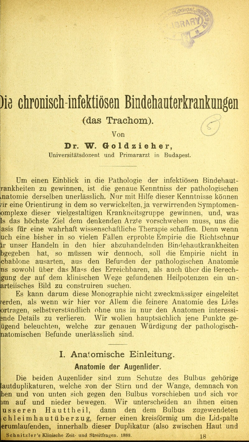 )ie chronlsGli-infeWiösen BMehauterkrankungen (das Trachom). Von Dr, W. Goldzieher, Universitätsdozent und Primararzt in Budapest. Um einen Einblick in die Pathologie der infektiösen Bindehaut- rankheiten zu gewinnen, ist die genaue Kenntniss der pathologischen .natomie derselben unerlässlich. Nur mit Hilfe dieser Kenntnisse können Tir eine Orientirung in dem so verwickelten, ja verwirrenden Symptomen- omplexe dieser vielgestaltigen Kranknoitsgruppe gewinnen, und, was Is das höchste Ziel dem denkenden Arzte vorschweben muss, uns die asis für eine wahrhaft wissenschaftliche Therapie schaffen. Denn wenn uch eine bisher in so vielen Fällen erprobte Empirie die Richtschnur ir unser Handeln in den hier abzuhandelnden Bindehautkrankheiten bgegeben hat, so müssen wir dennoch, soll die Empirie nicht in chablone ausarten, aus den Befunden der pathologischen Anatomie ns sowohl über das Ma^s des Erreichbaren, als auch über die Berech- gung der auf dem klinischen Wege gefundenen Heilpotenzen ein un- arteiisches Bild zu construiren suchen. Es kann darum diese Monographie nicht zweckmässiger eingeleitet werden, als wenn wir hier vor Allem die feinere Anatomie des Lides ortragen, selbstverständlich ohne uns in nur den Anatomen interessi- mde Details zu verlieren. Wir wollen hauptsächlich jene Punkte ge- ügend beleuchten, welche zur genauen Würdigung der pathologisch- natomischen Befunde unerlässlich sind. I. Anatomische Einleitung. Anatomie der Augenlider. Die beiden Augenlider sind zum Schutze des Bulbus gehörige autduplikaturen, welche .von der Stirn und der Wange, demnach von ben und von unten sich gegen den Bulbus vorschieben und sich vor im auf und nieder bewegen. Wir unterscheiden an ihnen einen usseren Hauttheil, dann den dem Bulbus zugewendeten chleimhautüberzug, ferner einen kreisförmig um die Lidspalte erumlaufenden, innerhalb dieser DupJikatur (also zwischen Haut und Schnitzler's Klinische Zeit- und Streitfragen. 1888.