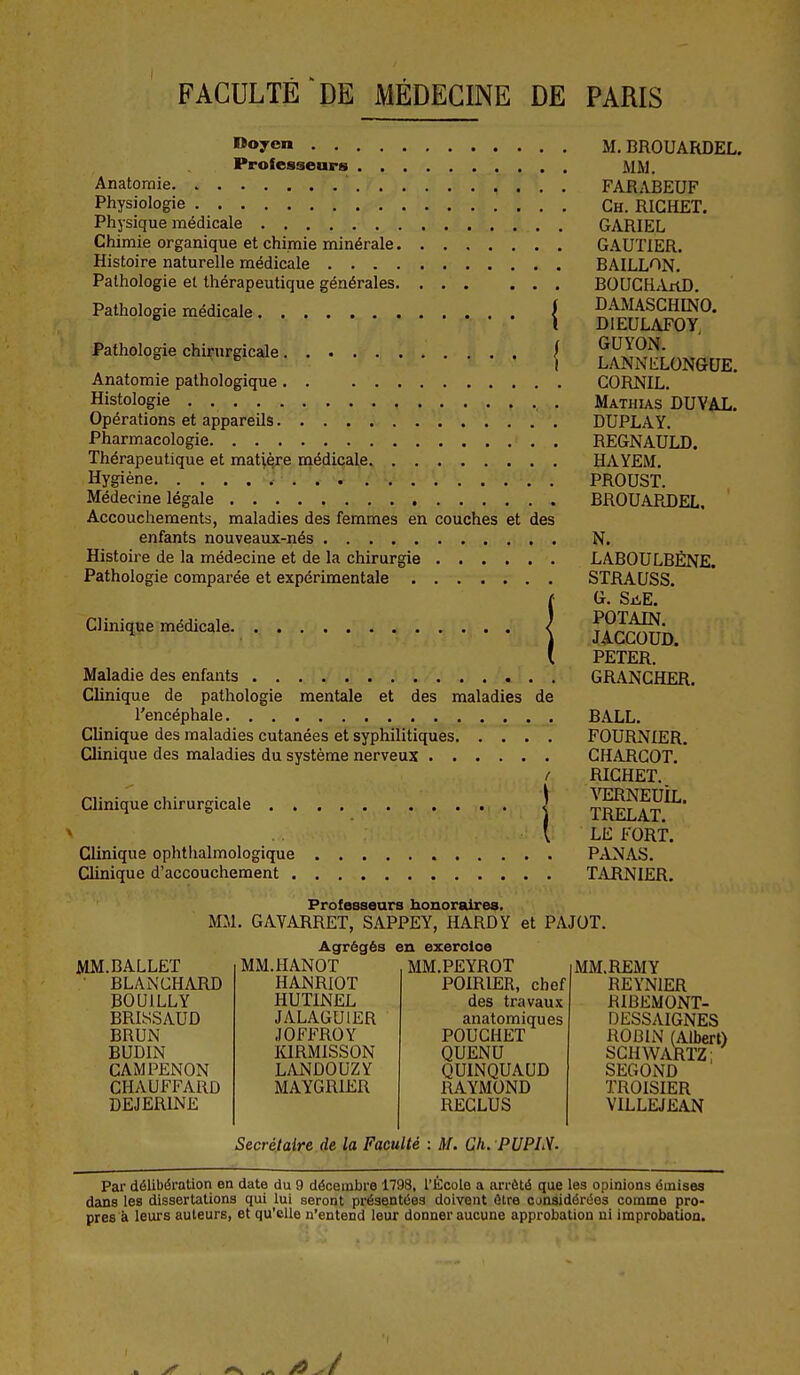 Doyen .... Professeurs . . Anatoraie. . Physiologie Physique médicale . Chimie organique et chimie minérale. Histoire naturelle médicale . . . . Pathologie et thérapeutique générales. Pathologie médicale, Pathologie chirurgicale | Anatomie pathologique . . Histologie Opérations et appareils Pharmacologie Thérapeutique et matière médicale Hygiène Médecine légale Accouchements, maladies des femmes en couches et des enfants nouveaux-nés Histoire de la médecine et de la chirurgie Pathologie comparée et expérimentale Clinique médicale. Maladie des enfants , Clinique de pathologie mentale et des maladies de l'encéphale Clinique des maladies cutanées et syphilitiques Clinique des maladies du système nerveux Clinique chirurgicale Clinique ophthalmologique Clinique d'accouchement . M. BROUARDEL. MM. FAR;VBEUF Ch. RICHET. GARIEL GAUTIER. BAILLON. BOUCHAxtD. DAMASCHINO. DIEULAFOY GUYON. LANNELONGUE. CORNIL. Mathias DUVAL. DUPLAY. REGNAULD. HAYEM. PROUST. BROUARDEL. N. LABOULBÉNE. STRAUSS. G. SjiE. POTAIN. JACCOUD. PETER. GRANGHER. BALL. FOURNIER. CHARGOT. RICHET. YERNEUÎL. TRELAT. LE FORT. PANAS. TARNIER. Professears honoraires. MM. GAVARRET, SAPPEY, HARDY et PAJOT. MM.BALLET • BLANCHARD BOUILLY BRISSAUD BRUN BUDIN CAMPENON CHAUFFARD DEJERINE Agrégés MM.HANOT HANRIOT HUTINEL JALAGUIER JOFFROY KIRMISSON LANDOUZY MAYGRŒR en exercice MM.PEYROT POIRIER, chef des travaux anatomiques POUCHET QUENU QUINQUAUD RAYMOND REGLUS MM.REMY REYNIER RIBEMONT- DESSAIGNES ROBIN fAlbert) SCHWARÏZ; SECOND TROISIER VILLEJEAN Secrétaire de la Faculté : M. Ch. PUPIM- Par délibération en date du 9 décembre 1798, l'École a arrêté que les opinions émises dans les dissertations qui lui seront présentées doivent être considérées comme pro- pres à leurs auteurs, et qu'elle n'entend leur donner aucune approbation ni improbation.