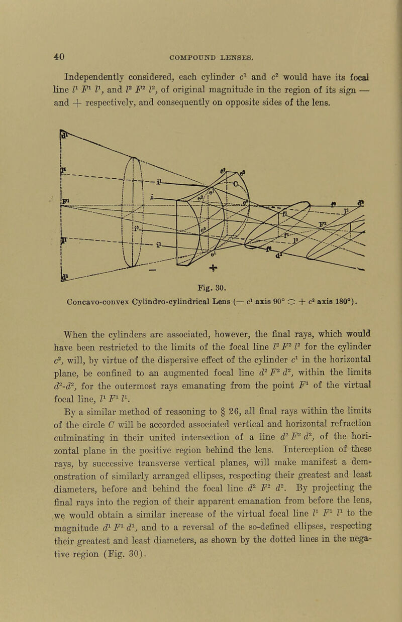 Independently considered, each cylinder c1 and c2 would have its focal line l1 F1 l1, and l2 F2 l2, of original magnitude in the region of its sign — and + respectively, and consequently on opposite sides of the lens. Concavo-convex Cylindro-cylindrical Lens (— c1 axis 90° O + ca axis 180°). When the cylinders are associated, however, the final rays, which would have been restricted to the limits of the focal line l2 F212 for the cylinder c2, will, by virtue of the dispersive effect of the cylinder c1 in the horizontal plane, be confined to an augmented focal line d2 F2 d2, within the limits d2-d2, for the outermost rays emanating from the point F1 of the virtual focal line, l1 F111. By a similar method of reasoning to § 26, all final rays within the limits of the circle C will be accorded associated vertical and horizontal refraction culminating in their united intersection of a line d2 F2 d2, of the hori¬ zontal plane in the positive region behind the lens. Interception of these rays, by successive transverse vertical planes, will make manifest a dem¬ onstration of similarly arranged ellipses, respecting their greatest and least diameters, before and behind the focal line d2 F2 d2. By projecting the final rays into the region of their apparent emanation from before the lens, we would obtain a similar increase of the virtual focal line l1 F1 l1 to the magnitude d1 F1 d1, and to a reversal of the so-defined ellipses, respecting their greatest and least diameters, as shown by the dotted lines in the nega¬ tive region (Fig. 30).