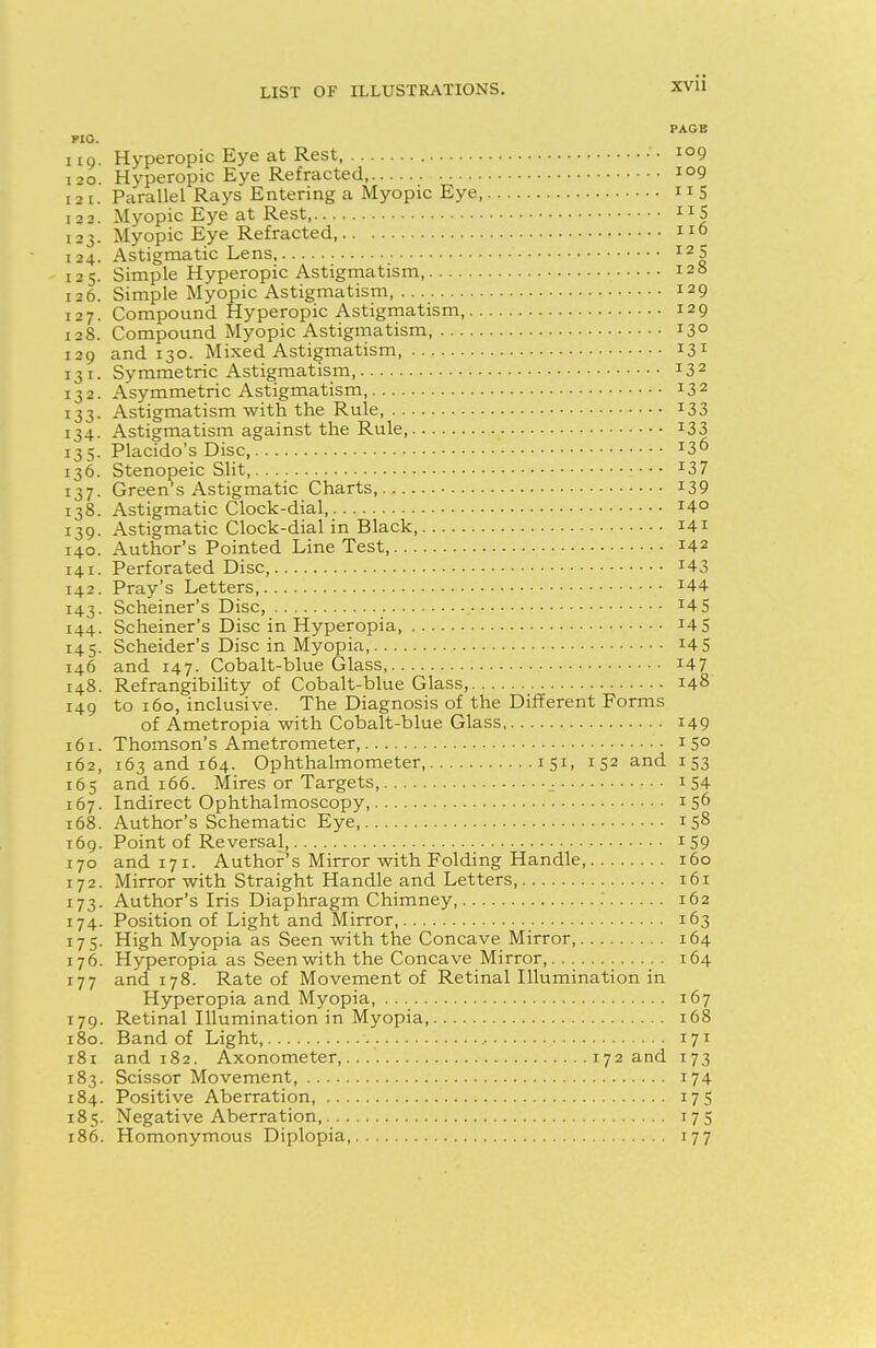 PAGE PIG. 119. Hyperopia Eye at Rest, • I09 120. Hyperopic Eye Refracted, io9 121. Parallel Rays Entering a Myopic Eye, 115 122. Myopic Eye at Rest, XI5 123. Myopic Eye Refracted, XI° 124. Astigmatic Lens 12 5 125. Simple Hyperopic Astigmatism, 128 126. Simple Myopic Astigmatism 129 127. Compound Hyperopic Astigmatism, 129 12S. Compound Myopic Astigmatism, 13° 129 and 130. Mixed Astigmatism, 131 131. Symmetric Astigmatism 132 132. Asymmetric Astigmatism, 132 133. Astigmatism with the Rule, I33 134. Astigmatism against the Rule, *33 135. Placido's Disc, J36 136. Stenopeic Slit, J37 137. Green's Astigmatic Charts, 139 138. Astigmatic Clock-dial, 140 139. Astigmatic Clock-dial in Black, 141 140. Author's Pointed Line Test, 142 141. Perforated Disc, *43 142. Pray's Letters, I44 143. Scheiner's Disc, T4S 144. Scheiner's Disc in Hyperopia, J4 5 145. Scheider's Disc in Myopia, *45 146 and 147. Cobalt-blue Glass 14 7 148. Refrangibility of Cobalt-blue Glass, 148 149 to 160, inclusive. The Diagnosis of the Different Forms of Ametropia with Cobalt-blue Glass 149 161. Thomson's Ametrometer, 15° 162, 163 and 164. Ophthalmometer, 151, 152 and 153 165 and 166. Mires or Targets, ■ ■■ 154 167. Indirect Ophthalmoscopy, 156 168. Author's Schematic Eye, 158 169. Point of Reversal, 1 59 170 and 171. Author's Mirror with Folding Handle 160 172. Mirror with Straight Handle and Letters, 161 173. Author's Iris Diaphragm Chimney 162 174. Position of Light and Mirror, 163 175. High Myopia as Seen with the Concave Mirror, 164 176. Hyperopia as Seen with the Concave Mirror, 164 177 and 178. Rate of Movement of Retinal Illumination in Hyperopia and Myopia, 167 179. Retinal Illumination in Myopia, 168 180. Band of Light, , 171 181 and 182. Axonometer, 172 and 173 183. Scissor Movement, 174 184. Positive Aberration, 175 185. Negative Aberration, 175 186. Homonymous Diplopia, 177