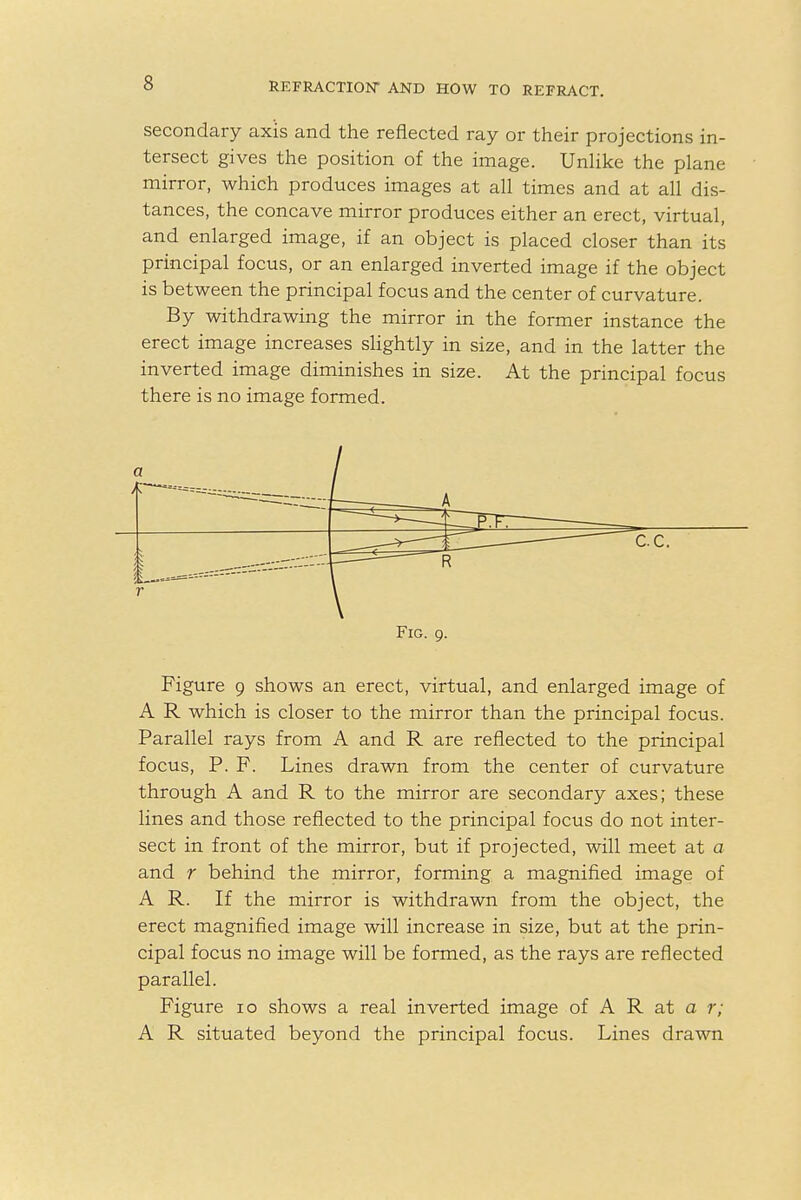 secondary axis and the reflected ray or their projections in- tersect gives the position of the image. Unlike the plane mirror, which produces images at all times and at all dis- tances, the concave mirror produces either an erect, virtual, and enlarged image, if an object is placed closer than its principal focus, or an enlarged inverted image if the object is between the principal focus and the center of curvature. By withdrawing the mirror in the former instance the erect image increases slightly in size, and in the latter the inverted image diminishes in size. At the principal focus there is no image formed. Figure 9 shows an erect, virtual, and enlarged image of A R which is closer to the mirror than the principal focus. Parallel rays from A and R are reflected to the principal focus, P. F. Lines drawn from the center of curvature through A and R to the mirror are secondary axes; these lines and those reflected to the principal focus do not inter- sect in front of the mirror, but if projected, will meet at a and r behind the mirror, forming a magnified image of A R. If the mirror is withdrawn from the object, the erect magnified image will increase in size, but at the prin- cipal focus no image will be formed, as the rays are reflected parallel. Figure 10 shows a real inverted image of A R at a r; A R situated beyond the principal focus. Lines drawn CC. Fig. 9.