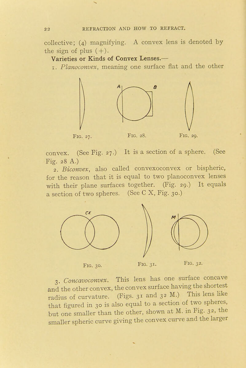 collective; (4) magnifying. A convex lens is denoted by the sign of plus (+). Varieties or Kinds of Convex Lenses.— r. Planoconvex, meaning one surface flat and the other Fig. 27. Fig. 28. Fig. 29. convex. (See Fig. 27.) It is a section of a sphere. (See Fig. 28 A.) 2. Biconvex, also called convexoconvex or bispheric, for the reason that it is equal to two planoconvex lenses with their plane surfaces together. (Fig. 29.) It equals a section of two spheres. (See C X, Fig. 30.) Fig. 30. Fig. 31. Fig. 32. 3. Concavoconvex. This lens has one surface concave and the other convex, the convex surface having the shortest radius of curvature. (Figs. 31 and 32 M.) This lens like that figured in 30 is also equal to a section of two spheres, but one smaller than the other, shown at M. in Fig. 32, the smaller spheric curve giving the convex curve and the larger