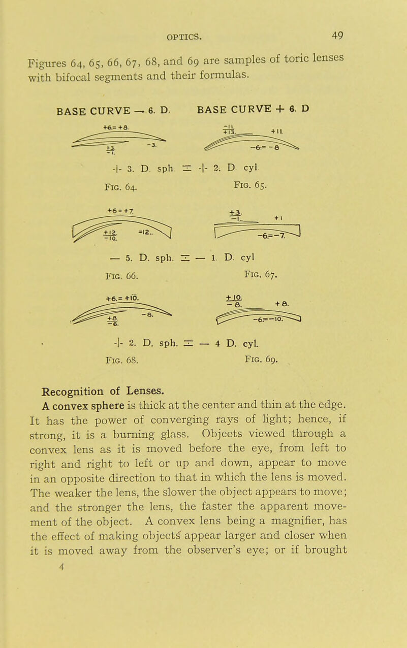 Figures 64, 65, 66, 67, 68, and 69 are samples of toric lenses with bifocal segments and their formulas. BASE CURVE — 6. D. BASE CURVE 4- 6. D +&= +a. -I- 3. D. sph Fig. 64. 2. D cyl Fig. 65. + 6= +7 — 5. D. sph. Fig. 66. +6.= +10. -i- 2. D. sph. Fig. 68. +3. 1 D. cyl Fig. 67. — 4 D. cyl. Fig. 69. Recognition of Lenses. A convex sphere is thick at the center and thin at the edge. It has the power of converging rays of light; hence, if strong, it is a burning glass. Objects viewed through a convex lens as it is moved before the eye, from left to right and right to left or up and down, appear to move in an opposite direction to that in which the lens is moved. The weaker the lens, the slower the object appears to move; and the stronger the lens, the faster the apparent move- ment of the object. A convex lens being a magnifier, has the effect of making objects appear larger and closer when it is moved away from the observer's eye; or if brought 4