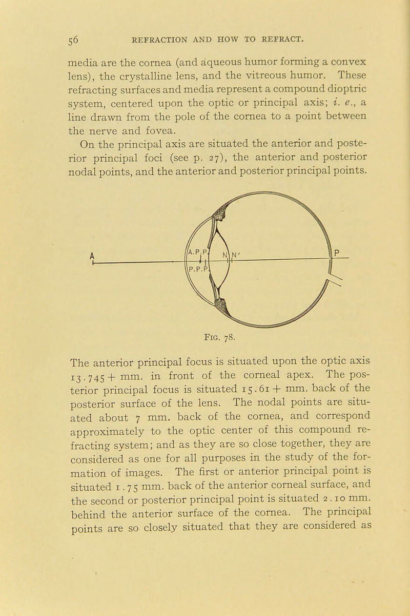 media are the cornea (and aqueous humor forming a convex lens), the crystalline lens, and the vitreous humor. These refracting surfaces and media represent a compound dioptric system, centered upon the optic or principal axis; i. e., a line drawn from the pole of the cornea to a point between the nerve and fovea. On the principal axis are situated the anterior and poste- rior principal foci (see p. 27), the anterior and posterior nodal points, and the anterior and posterior principal points. Fig. 78. The anterior principal focus is situated upon the optic axis ! 3.7 45+mm. in front of the corneal apex. The pos- terior principal focus is situated 15.61 + mm. back of the posterior surface of the lens. The nodal points are situ- ated about 7 mm. back of the cornea, and correspond approximately to the optic center of this compound re- fracting system; and as they are so close together, they are considered as one for all purposes in the study of the for- mation of images. The first or anterior principal point is situated 1.75 mm. back of the anterior corneal surface, and the second or posterior principal point is situated 2.10 mm. behind the anterior surface of the cornea. The principal points are so closely situated that they are considered as