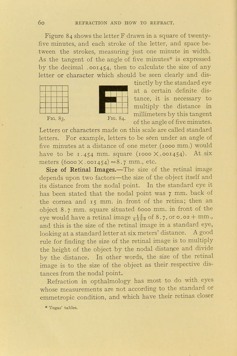 Figure 84 shows the letter F drawn in a square of twenty- five minutes, and each stroke of the letter, and space be- tween the strokes, measuring just one minute in width. As the tangent of the angle of five minutes* is expressed by the decimal .001454, then to calculate the size of any letter or character which should be seen clearly and dis- tinctly by the standard eye Eat a certain definite dis- tance, it is necessary to multiply the distance in millimeters by this tangent Fig. 83. Fig. 84. J . to, of the angle of five minutes. Letters or characters made on this scale are called standard letters. For example, letters to be seen under an angle of five minutes at a distance of one meter (1000 mm.) would have to be 1.454 mm. square (1000 X .001454). At six meters (6000 X .001454) =8. 7 mm., etc. Size of Retinal Images.—The size of the retinal image depends upon two factors—the size of the object itself and its distance from the nodal point. In the standard eye it has been stated that the nodal point was 7 mm. back of the cornea and 15 mm. in front of the retina; then an object 8.7 mm. square situated 6000 mm. in front of the eye would have a retinal image -g-^fg- of 8.7, or o. 02 + mm., and this is the size of the retinal image in a standard eye, looking at a standard letter at six meters' distance. A good rule for finding the size of the retinal image is to multiply the height of the object by the nodal distance and divide by the distance. In other words, the size of the retinal image is to the size of the object as their respective dis- tances from the nodal point. Refraction in opthalmology has most to do with eyes whose measurements are not according to the standard or emmetropic condition, and which have their retinas closer * Vegas' tables.