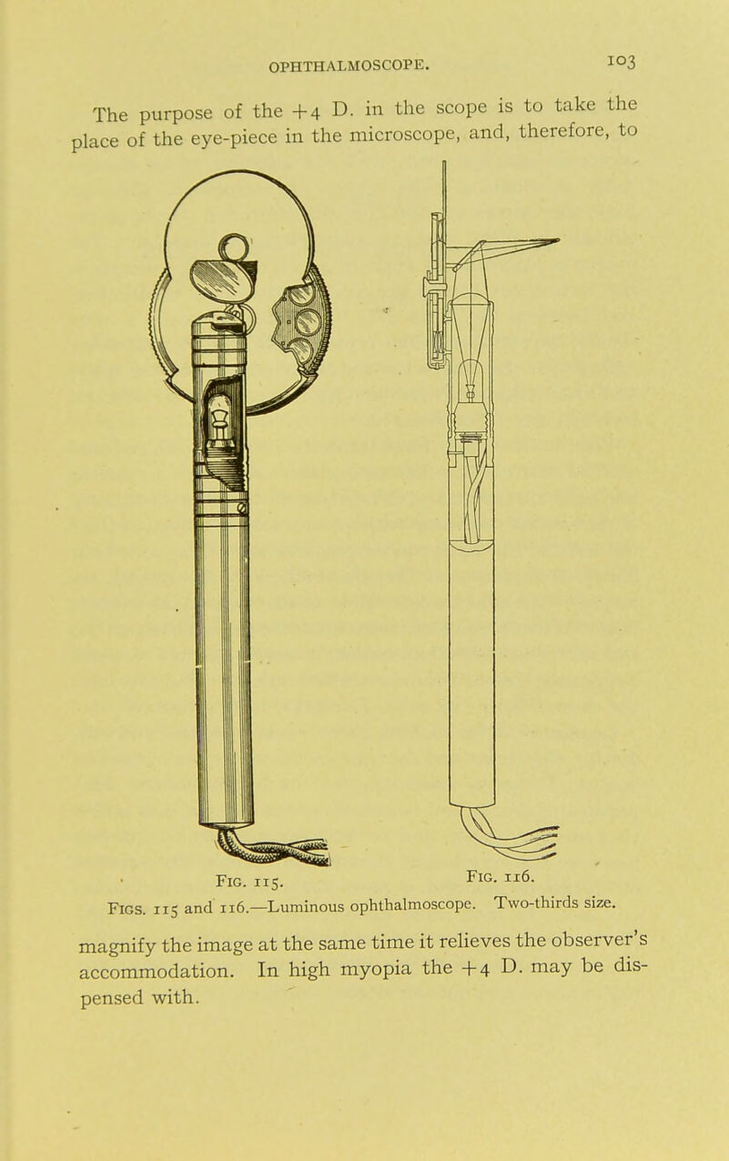 Fig. 115. *IG- II0- Figs. 115 and 116—Luminous ophthalmoscope. Two-thirds size. magnify the image at the same time it relieves the observer's accommodation. In high myopia the +4 D. may be dis- pensed with.