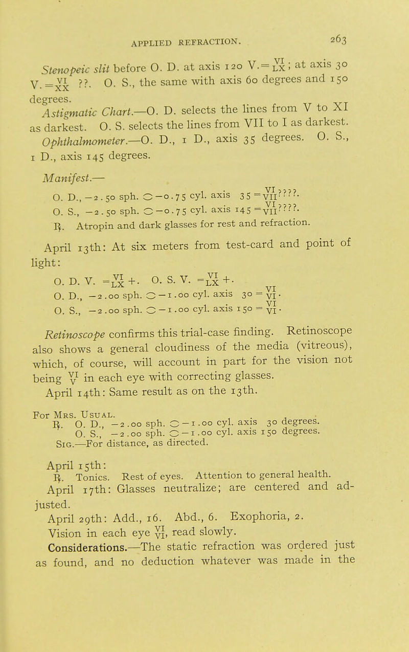 Stenopeic slit before O. D. at axis 120 V. = fi; at axis 30 V = vv ??• O. S., the same with axis 60 degrees and 150 decrees. Astigmatic Chart.—0. D. selects the lines from V to XI as darkest. O. S. selects the lines from VII to I as darkest. Ophthalmometer.—O. D., 1 D., axis 35 degrees. O. S., 1 D., axis 145 degrees. Manifest.— O. D., -2.50 sph. O-0.7S cyl. axis 35 =VII????- O. S., -2.50 sph. 0-0.75 cyl. axis 145 =vil????- I}. Atropin and dark glasses for rest and refraction. April 13th: At six meters from test-card and point of light: O. D. V. O. S. V. , • VI O D. - 2 .00 sph. O — 1 • 00 cyl. axis 30 = VI. VI O. S., - 2 .00 sph. O -1 • 00 cyl. axis 150 = VI. Retinoscope confirms this trial-case finding. Retinoscope also shows a general cloudiness of the media (vitreous), which, of course, will account in part for the vision not being \l in each eye with correcting glasses. April 14th: Same result as on the 13th. For Mrs. Usual. . R O. D., -2 .00 sph. O - 1 -oo cyl. axis 30 degrees. O. s., -2.00 sph. O-i-oo cyl. axis 150 degrees. Sig.—For distance, as directed. April 15th: ]}. Tonics. Rest of eyes. Attention to general health. April 17th: Glasses neutralize; are centered and ad- justed. April 29th: Add., 16. Abd., 6. Exophoria, 2. Vision in each eye read slowly. Considerations.—The static refraction was ordered just as found, and no deduction whatever was made in the