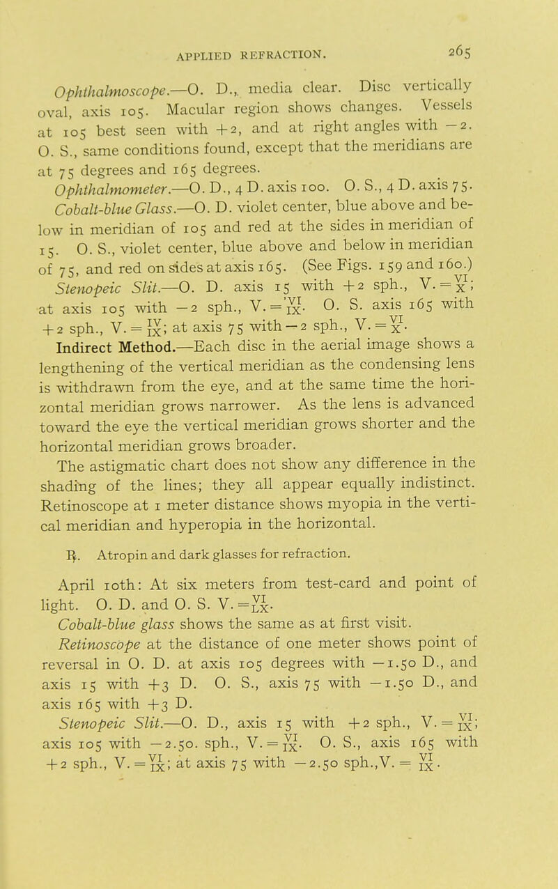 Ophthalmoscope.—0. D., media clear. Disc vertically oval, axis 105. Macular region shows changes. Vessels at 105 best seen with +2, and at right angles with -2. O. S., same conditions found, except that the meridians are at 75 degrees and 165 degrees. Ophthalmometer.—O. D., 4 D. axis 100. 0. S., 4 D. axis 7 5. Cobalt-blue Glass.—O. D. violet center, blue above and be- low in meridian of 105 and red at the sides in meridian of 15. 0. S., violet center, blue above and below in meridian of 75, and red on sides at axis 165. (See Figs. 159 and 160.) Stenopeic Slit.—O. D. axis 15 with +2 sph., V.=?; at axis 105 with -2 sph., V.='g. O. S. axis 165 with + 2 sph., V. = g£; at axis 75 with-2 sph., V. = xr. Indirect Method.—Each disc in the aerial image shows a lengthening of the vertical meridian as the condensing lens is withdrawn from the eye, and at the same time the hori- zontal meridian grows narrower. As the lens is advanced toward the eye the vertical meridian grows shorter and the horizontal meridian grows broader. The astigmatic chart does not show any difference in the shading of the lines; they all appear equally indistinct. Retinoscope at 1 meter distance shows myopia in the verti- cal meridian and hyperopia in the horizontal. Atropin and dark glasses for refraction. April 10th: At six meters from test-card and point of light. 0. D. and O. S. V. =g. Cobalt-blue glass shows the same as at first visit. Retinoscope at the distance of one meter shows point of reversal in O. D. at axis 105 degrees with —1.50 D., and axis 15 with + 3 D. O. S., axis 75 with -1.50 D., and axis 165 with +3 D. Stenopeic Slit.—O. D., axis 15 with +2 sph., V. = 130 axis 105 with —2.50. sph., V. = ix- 0. S., axis 165 with + 2 sph., V. = Jx'< at axis 75 wrth — 2-5° sph.,V. = fx•