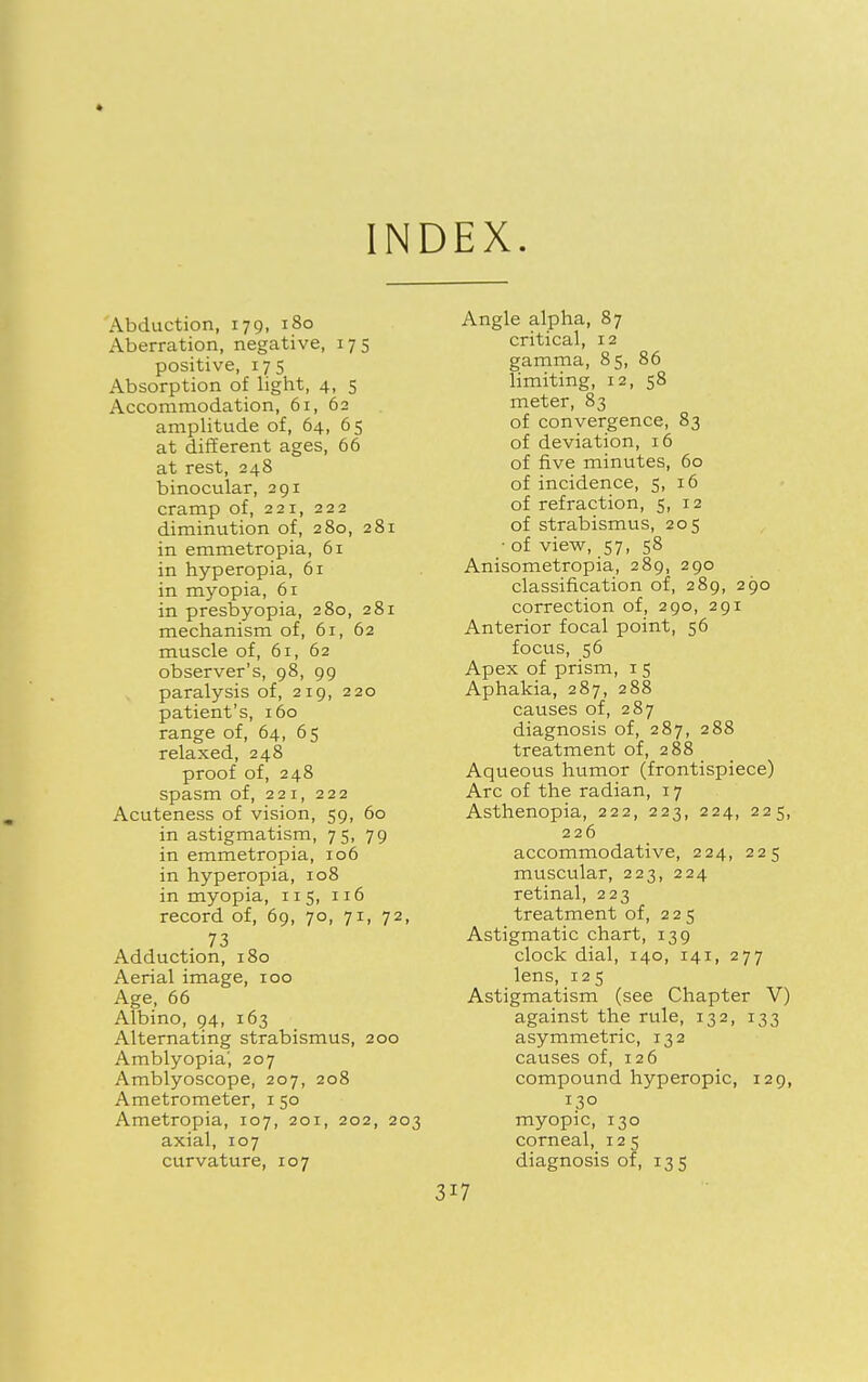 INDEX. Abduction, 179, 180 Aberration, negative, 175 positive, 175 Absorption of light, 4, 5 Accommodation, 61, 62 amplitude of, 64, 65 at different ages, 66 at rest, 248 binocular, 291 cramp of, 221, 222 diminution of, 280, 281 in emmetropia, 61 in hyperopia, 61 in myopia, 61 in presbyopia, 280, 281 mechanism of, 61, 62 muscle of, 61, 62 observer's, 98, 99 paralysis of, 219, 220 patient's, 160 range of, 64, 65 relaxed, 248 proof of, 248 spasm of, 221, 222 Acuteness of vision, 59, 60 in astigmatism, 75, 79 in emmetropia, 106 in hyperopia, 108 in myopia, 115, 116 record of, 69, 70, 71, 72, 73 Adduction, 180 Aerial image, 100 Age, 66 Albino, 94, 163 Alternating strabismus, 200 Amblyopia', 207 Amblyoscope, 207, 208 Ametrometer, 150 Ametropia, 107, 201, 202, 203 axial, 107 curvature, 107 Angle alpha, 87 critical, 12 gamma, 85, 86 limiting, 12, 58 meter, 83 of convergence, 83 of deviation, 16 of five minutes, 60 of incidence, 5, 16 of refraction, 5, 12 of strabismus, 205 • of view, 57, 58 Anisometropia, 289, 290 classification of, 289, 290 correction of, 290, 291 Anterior focal point, 56 focus, 56 Apex of prism, 1 5 Aphakia, 287, 288 causes of, 287 diagnosis of, 287, 288 treatment of, 288 Aqueous humor (frontispiece) Arc of the radian, 17 Asthenopia, 222, 223, 224, 225, 226 accommodative, 224, 225 muscular, 223, 224 retinal, 223 treatment of, 225 Astigmatic chart, 139 clock dial, 140, 141, 277 lens, 125 Astigmatism (see Chapter V) against the rule, 132, 133 asymmetric, 132 causes of, 126 compound hyperopic, 129, 130 myopic, 130 corneal, 125 diagnosis of, 135