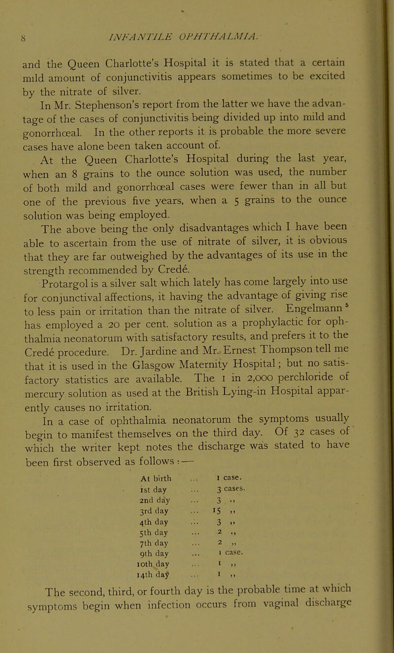 and the Queen Charlotte's Hospital it is stated that a certain mild amount of conjunctivitis appears sometimes to be excited by the nitrate of silver. In Mr. Stephenson's report from the latter we have the advan- tage of the cases of conjunctivitis being divided up into mild and gonorrhoeal. In the other reports it is probable the more severe cases have alone been taken account of. At the Queen Charlotte's Hospital during the last year, when an 8 grains to the ounce solution was used, the number of both mild and gonorrhoeal cases were fewer than in all but one of the previous five years, when a 5 grains to the ounce solution was being employed. The above being the only disadvantages which I have been able to ascertain from the use of nitrate of silver, it is obvious that they are far outweighed by the advantages of its use in the strength recommended by Crede. Protargol is a silver salt which lately has come largely into use for conjunctival affections, it having the advantage of giving rise to less pain or irritation than the nitrate of silver. Engelmann 5 has employed a 20 per cent, solution as a prophylactic for oph- thalmia neonatorum with satisfactory results, and prefers it to the Crede procedure. Dr. Jardine and Mr. Ernest Thompson tell me that it is used in the Glasgow Maternity Hospital; but no satis- factory statistics are available. The 1 in 2,000 perchloride of mercury solution as used at the British Lying-in Hospital appar- ently causes no irritation. In a case of ophthalmia neonatorum the symptoms usually begin to manifest themselves on the third day. Of 32 cases of which the writer kept notes the discharge was stated to have been first observed as follows : — At birth I 1st day ;.. 3 2nd day 3 3rd day IS 4th day 3 5th day 2 7th day 2 9th day 1 10th day 1 14th day 1 The second, third, or fourth day is the probable time at which symptoms begin when infection occurs from vaginal discharge