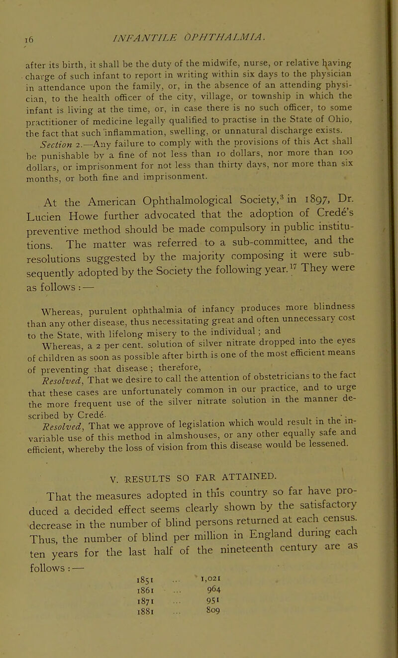 [6 INI'A NTH. E i)PHTHA l.MIA. after its birth, it shall be the duty of the midwife, nurse, or relative having charge of such infant to report in writing within six days to the physician in attendance upon the family, or, in the absence of an attending physi- cian, to the health officer of the city, village, or township in which the infant is living at the time, or, in case there is no such officer, to some practitioner of medicine legally qualified to practise in the State of Ohio, the fact that such inflammation, swelling, or unnatural discharge exists. Section 2. Any failure to comply with the provisions of this Act shall be punishable by a fine of not less than 10 dollars, nor more than 100 dollars, or imprisonment for not less than thirty days, nor more than six months, or both fine and imprisonment. At the American Ophthalmological Society,3 in 1897, Dr. Lucien Howe further advocated that the adoption of Crede's preventive method should be made compulsory in public institu- tions. The matter was referred to a sub-committee, and the resolutions suggested by the majority composing it were sub- sequently adopted by the Society the following year.1? They were as follows: — Whereas, purulent ophthalmia of infancy produces more blindness than any other disease, thus necessitating great and often unnecessary cost to the State, with lifelong misery to the individual; and Whereas a 2 per cent, solution of silver nitrate dropped into the eyes of children as soon as possible after birth is one of the most efficient means of preventing that disease ; therefore, Resolved, That we desire to call the attention of obstetricians to the fact that these cases are unfortunately common in our practice, and to urge the more frequent use of the silver nitrate solution m the manner de- scribed by Crede. :„ Resolved, That we approve of legislation which would result m the in- variable use of this method in almshouses, or any other equally safe and efficient, whereby the loss of vision from this disease would be lessened. V. RESULTS SO FAR ATTAINED. That the measures adopted in this country so far have pro- duced a decided effect seems clearly shown by the satisfactory decrease in the number of blind persons returned at each census. Thus, the number of blind per million in England during each ten years for the last half of the nineteenth century are as follows : 1851 1,021 1861 ... 964 1871 ... 9Si 1881 ... 809