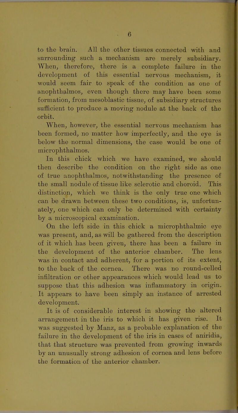 to the brain. All tlie other tissues connected with and surrounding such a mechanism are merely subsidiary. When^ therefore, there is a complete failure in the development of this essential nervous mechanism, it would seem fair to speak of the condition as one of anophthalmos, even though there may have been some formation, from mesoblastic tissue, of subsidiary structures sufficient to produce a moving nodule at the back of the orbit. When, however, the essential nervous mechanism has been formed, no matter how imperfectly, and the eye is below the normal dimensions, the case would be one of microphthalmos. In this chick which we have examined, we should then describe the condition on the right side as one of true anophthalmos, notwithstanding the presence of the small nodule of tissue like sclerotic and choroid. This distinction, which we think is the only true one which can be drawn between these two conditions, is, unfortun- ately, one which can only be determined with certainty by a microscopical examination. On the left side in this chick a microphthalmic eye was present, and, as will be gathered from the description of it which has been given, there has been a failure in the development of the anterior chamber. The lens was in contact and adherent, for a portion of its extent, to the back of the cornea. There was no round-celled infiltration or other appearances which would lead us to suppose that this adhesion was inflammatory in origin. It appears to have been simjsly an instance of arrested development. It is of considerable interest in showing the altered arrangement in the iris to which it has given rise. It was suggested by Manz, as a probable explanation of the failure in the development of the iris in cases of aniridia, that that structure was prevented from growing inwards by an unusually strong adhesion of cornea and lens before the formation of the anterior chamber.