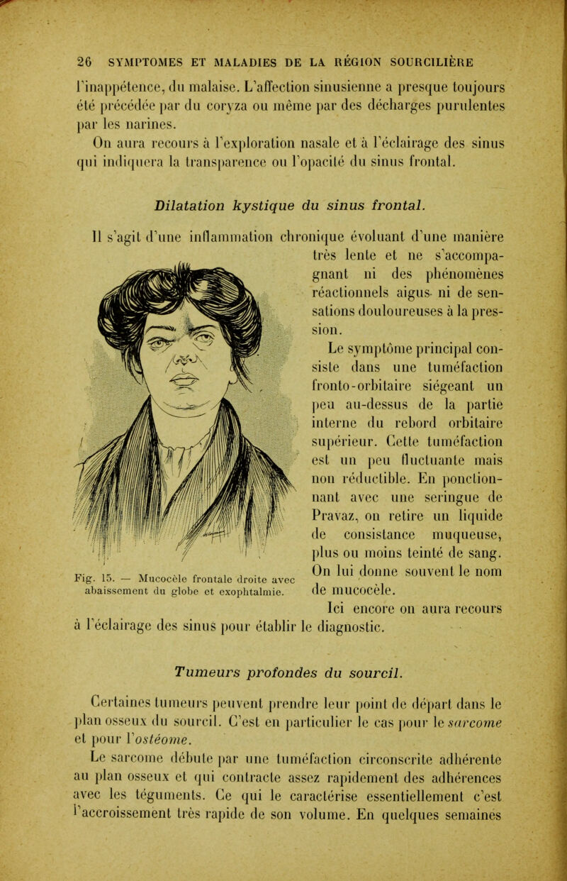 l'inappétence, du malaise. L'affection sinusienne a presque toujours été précédée })ar du coryza ou même par des décharges purulentes l)ar les narines. On aura recours à l'exploration nasale et à l'éclairage des sinus qui indiquera la trans})arence ou l'opacité du sinus frontal. Dilatation kystique du sinus frontal. Il s'agit d'une inllammation chronique évoluant d'une manière très lente et ne s'accompa- gnant ni des phénomènes réactionnels aigus- ni de sen- sations douloureuses à la pres- sion. Le symptôme principal con- siste dans une tuméfaction fronto-orhitaire siégeant un peu au-dessus de la partie interne du rebord orbitaire supérieur. Cette tuméfaction est un peu tluctuante mais non réductible. En ponction- nant avec une seringue de Pravaz, on retire un liquide de consistance muqueuse, plus ou moins teinté de sang. On lui donne souvent le nom de mucocèle. Ici encore on aura recours à l'éclairage des sinus pour établir le diagnostic. Fig. 15. — Mucocèle frontale droite avec abaissement du globe et exophtalmie. Tumeurs profondes du sourcil. Certaines tumeurs peuvent prendre leur point de départ dans le ]dan osseux du sourcil. C'est en particulier le cas pour \e sarcome et pour Vostéome. Le sarcome débute par une tuméfaction circonscrite adhérente au plan osseux et qui contracte assez rapidement des adhérences avec les téguments. Ce qui le caractérise essentiellement c'est l'accroissement très rapide de son volume. En quelques semaines