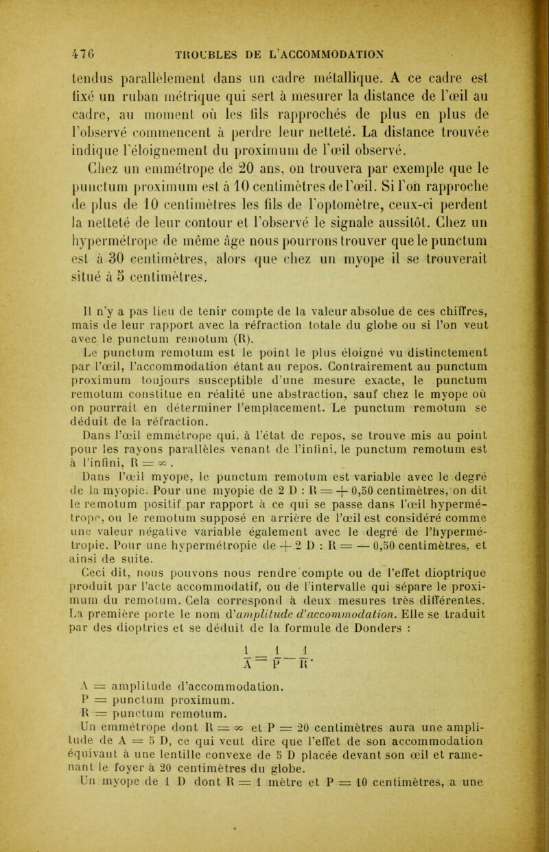 tendus parallèlement dans un cadre métallique. A ce cadre est fixé un ruban métrique qui sert à mesurer la distance de Tœil au cadre, au moment où les fils rapprochés de plus en plus de Tobservé commencent à perdre leur netteté. La distance trouvée indique Téloignement du proximum de Tœil observé. Chez un emmétrope de 20 ans, on trouvera par exemple que le punctum proximum est à 10 centimètres deFoeil. Si Ton rapproche de plus de 10 centimètres les fils de Toptomètre, ceux-ci perdent la netteté de leur contour et Tobservé le signale aussitôt. Chez un hypermétrope de même âge nous pourrons trouver que le punctum est à 30 centimètres, alors que chez un myope il se trouverait situé à 5 centimètres. Il n'y a pas lieu de tenir compte de la valeur absolue de ces chifîres, mais de leur rapport avec la réfraction totale du globe ou si l'on veut avec le punctum reinolum (R). Le punctum remotum est le point le plus éloigné vu distinctement par l'œil, l'accommodation étant au repos. Contrairement au punctum proximum toujours susceptible d'une mesure exacte, le punctum remotum constitue en réalité une abstraction, sauf chez le myope où on pourrait en déterminer l'emplacement. Le punctum remotum se déduit de la réfraction. Dans l'œil emmétrope qui, à l'état de repos, se trouve mis au point pour les rayons parallèles venant de l'infini, le punctum remotum est à l'infini, R = oc . Dans l'œil myope, le punctum remotum est variable avec le degré de la myopie. Pour une myopie de 2 D : R=:-|-0,oO centimètres, on dit le remotum positif par rapport à ce qui se passe dans l'œil hypermé- trope, ou le remotum supposé en arrière de l'œil est considéré comme une valeur négative variable également avec le degré de l'hypermé- tropie. Pour une hypermétropie de -]- 2 D : R = — 0,50 centimètres, et ainsi de suite. Ceci dit, nous pouvons nous rendre compte ou de l'efîet dioptrique produit par l'acte accommodatif, ou de l'intervalle qui sépare le proxi- mum du remotum. Cela correspond à deux mesures très difTérentes. La première porte le nom (ïampUlude d'accommodation. Elle se traduit par des dioptries et se déduit de la formule de Donders : i— i_i A ~ P U ■ A = amplitude d'accommodation. P = punctum proximum. R = punctum remotum. Un emmétrope dont R = oo et P = 20 centimètres aura une ampli- tude de A = 5 D, ce qui veut dire que l'efTet de son accommodation équivaut à une lentille convexe de 5 D placée devant son œil et rame- nant le foyer à 20 centimètres du globe. Un myope de 1 D dont R = 1 mètre et P = 10 centimètres, a une