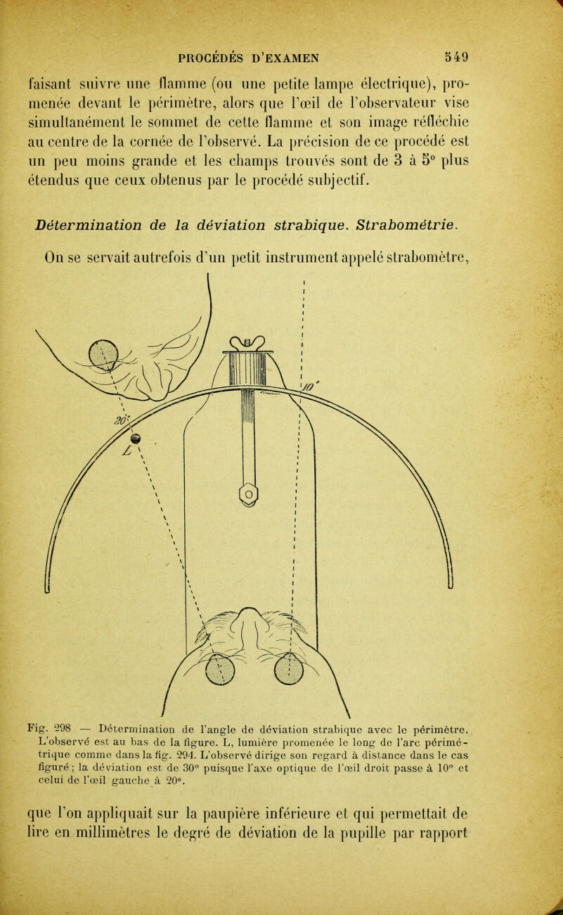 faisant suivre une flamme (ou une petite lampe électrique), pro- menée devant le périmètre, alors que l'œil de l'observateur vise simultanément le sommet de cette flamme et son image réfléchie au centre de la cornée de l'observé. La précision de ce procédé est un peu moins grande et les champs trouvés sont de 3 à 5° plus étendus que ceux obtenus par le procédé subjectif. Détermination de la déviation strabique. Strabométrie. On se servait autrefois d'un petit instrument appelé strabomètre, Fig. 298 — Détermination de l'angle de déviation strabique avec le périmètre. L'observé est au bas de la figure. L, lumière promenée le long de l'arc périmé- trique comme dans la fig. 294. L'observé dirige son regard à distance dans le cas figuré; la déviation est de 30'' puisque l'axe optique de l'œil droit passe à 10 et celui de l'œil gauche à 20. que l'on appliquait sur la paupière inférieure et qui permettait de lire en millimètres le degré de déviation de la pupille par rapport