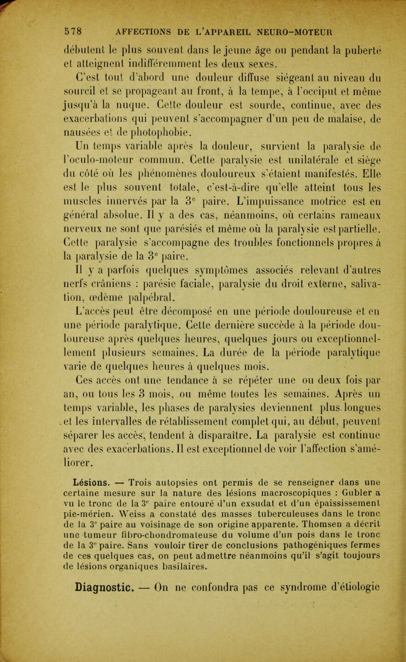 (lébiiteni: le plus souvent dans le jeune âge ou pendant la puberté et atteignent indifféremment les deux sexes. C'est tout d'abord une douleur diffuse siégeant au niveau du sourcil et se propageant au front, à la tempe, à Tocciput et même jusqu'à la nuque. Cette douleur est sourde, continue, avec des exacerbations qui peuvent s'accompagner d'un peu de malaise, de nausées et de pliotophobie. Un temps variable après la douleur, survient la paralysie de l'oculo-moteur commun. Cette paralysie est unilatérale et siège du côté où les i)bénomènes douloureux s'étaient manifestés. Elle est le plus souvent totale, c'est-à-dire qu'elle atteint tous les muscles innervés par la 3^ paire. L'impuissance motrice est en général absolue. Il y a des cas, néanmoins, où certains rameaux nerveux ne sont que parésiés et même où la paralysie est partielle. Cette paralysie s'accompagne des troubles fonctionnels propres à la paralysie de la paire. Il y a parfois quelques symptômes associés relevant d'autres nerfs crâniens : parésie faciale, paralysie du droit externe, saliva- tion, œdème palpébral. L'accès peut être décomposé en une période douloureuse et en une période paralytique. Cette dernière succède à la période dou- loureuse après quelques heures, quelques jours ou exceptionnel- lement plusieurs semaines. La durée de la période paralytique varie de quelques heures à quelques mois. Ces accès ont une tendance à se répéter une ou deux fois par an, ou tous les 3 mois, ou même toutes les semaines. Après un temps variable, les phases de paralysies deviennent plus longues .et les intervalles de rétablissement complet qui, au début, peuvent séparer les accès, tendent à disparaître. La paralysie est continue avec des exacerbations. Il est exceptionnel de voir l'affection s'amé- liorer. Lésions. — Trois autopsies ont permis de se renseigner dans une certaine mesure sur la nature des lésions macroscopiques : Gubler a vu le tronc de la 3 paire entouré d'un exsudât et d'un épaississement pie-mérien. Weiss a constaté des masses tuberculeuses dans le tronc de la 3 paire au voisinage de son origine apparente. Thomsen a décrit une tumeur fibro-chondromaleuse du volume d'un pois dans le tronc de la S* paire. Sans vouloir tirer de conclusions patliogéniques fermes de ces quelques cas, on peut admettre néanmoins qu'il s'agit toujours de lésions organiques basilaires. Diagnostic. — On ne confondra pas ce syndrome d'étiologie