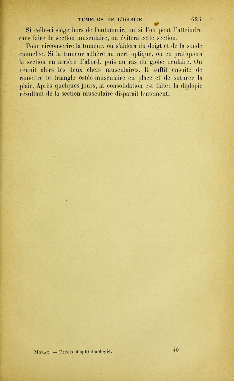 Si celle-ci siège hors de reiitonnoir, ou si Ton peut ralteiiidre sans faire de section musculaire, on évitera cette section. Pour circonscrire la tumeur, on s'aidera du doigt et de la sonde cannelée. Si la tumeur adhère au nerf optique, on en pratiquera la section en arrière d'abord, puis au ras du globe oculaire. On réunit alors les deux chefs musculaires. Il suffit ensuite de remettre le triangle ostéo-musculaire en place et de suturer la plaie. Après quelques jours, la consolidation est faite; la diplopie résultant de la section musculaire disparait lentement. MoRAX. — Précis d'ophtalmologie. 40