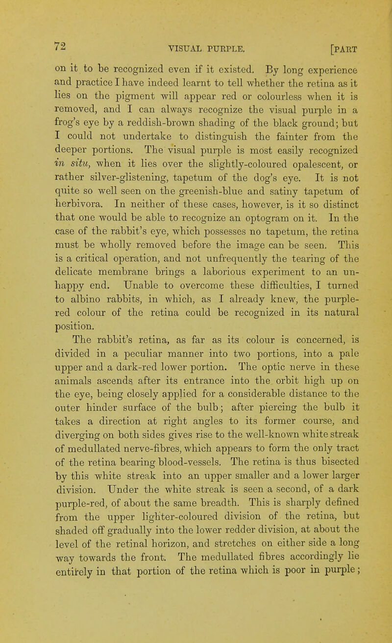 on it to be recognized even if it existed. By long experience and practice I have indeed learnt to tell whether the retina as it lies on the pigment will appear red or colourless when it is removed, and I can always recognize the visual purple in a frog's eye by a reddish-brown shading of the black ground; but I could not undertake to distinguish the fainter from the deeper portions. The visual purple is most easily recognized in situ, when it lies over the slightly-coloured opalescent, or rather silver-glistening, tapetum of the dog's eye. It is not quite so well seen on the greenish-blue and satiny tapetum of herbivora. In neither of these cases, however, is it so distinct that one would be able to recognize an optogram on it. In the case of the rabbit's eye, which possesses no tapetum, the retina must be wholly removed before the image can be seen. This is a critical operation, and not unfrequently the tearing of the delicate membrane brings a laborious experiment to an un- happy end. Unable to overcome these difficulties, I turned to albino rabbits, in which, as I already knew, the purple- red colour of the retina could be recognized in its natural position. The rabbit's retina, as far as its colour is concerned, is divided in a peculiar manner into two portions, into a pale upper and a dark-red lower portion. The optic nerve in these animals ascends after its entrance into the orbit high up on the eye, being closely applied for a considerable distance to the outer hinder surface of the bulb; after piercing the bulb it takes a direction at right angles to its former course, and diverging on both sides gives rise to the well-known white streak of medullated nerve-fibres, which appears to form the only tract of the retina bearing blood-vessels. The retina is thus bisected by this white streak into an upper smaller and a lower larger division. Under the white streak is seen a second, of a dark purple-red, of about the same breadth. This is sharply defined from the upper lighter-coloured division of the retina, but shaded off gradually into the lower redder division, at about the level of the retinal horizon, and stretches on either side a long way towards the front. The medullated fibres accordingly lie entirely in that portion of the retina which is poor in purple;