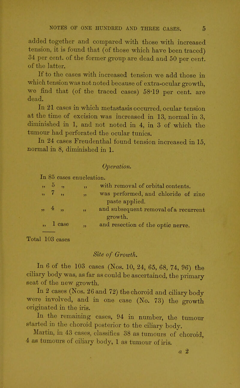 added together and compared with those with increased tension, it is found that (of those which have been traced) 34 per cent, of the former group are dead and 50 per cent, of the latter. If to the cases with increased tension we add those in which tension was not noted because of extra-ocular growth, we find that (of the traced cases) 58*19 per cent, are dead. In 21 cases in which metastasis occurred, ocular tension at the time of excision was increased in 13, normal in 3, diminished in 1, and not noted in 4, in 3 of which the tumour had perforated the ocular tunics. In 24 cases Freudenthal found tension increased in 15, normal in 8, diminished in 1. Operation. In 85 cases enucleation. >j 5 „ „ with removal of orbital contents. ■>■> 7 „ „ was performed, and chloride of zinc paste applied. >j 4 „ „ and subsequent removal of a recurrent growth. „ 1 case „ and resection of the optic nerve. Total 103 cases Site of Growth. In 6 of the 103 cases (Nos. 10, 24, 65, 68, 74, 96) the ciliary body was, as far as could be ascertained, the primary seat of the new growth. In 2 cases (Nos. 26 and 72) the choroid and ciliary body were involved, and in one case (No. 73) the growth originated in the iris. In the remaining cases, 94 in number, the tumour started in the choroid posterior to the cihary body. Martin, in 43 cases, classifies 38 as tumours of choroid, 4 as tumours of ciliary body, 1 as tumour of iris. a 2