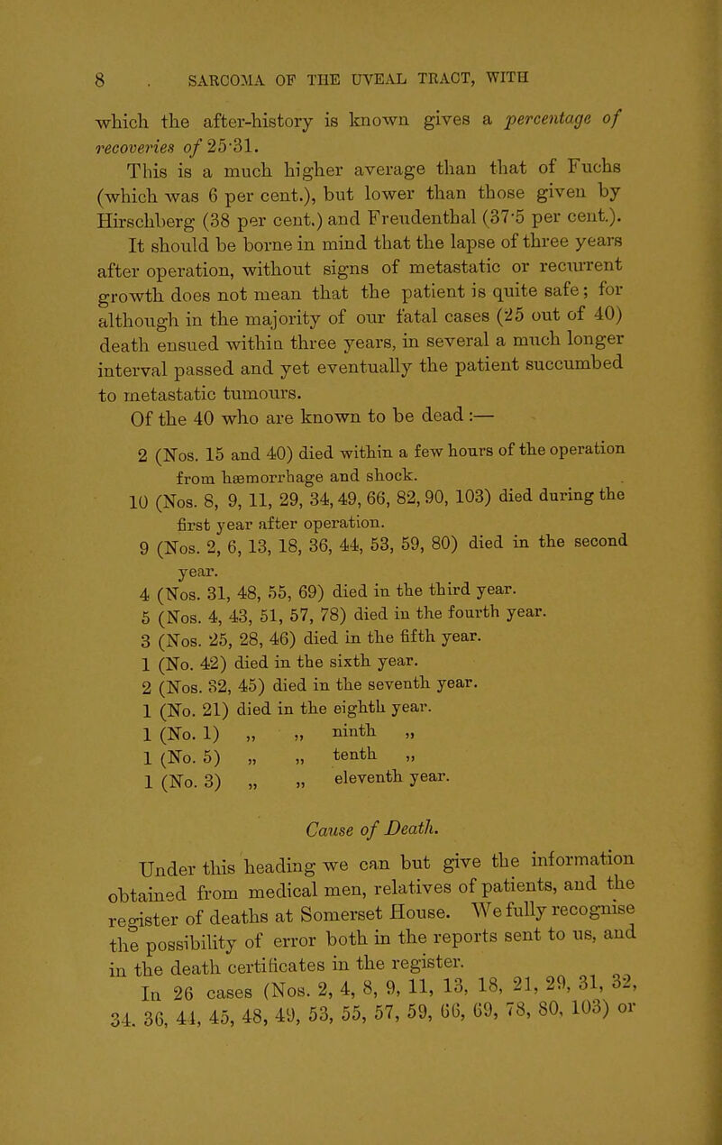 which the after-history is known gives a percentage of recoveries o/2531. This is a much higher average than that of Fuchs (which was 6 per cent.), but lower than those given by Hirschberg (38 per cent.) and Freudenthal (37-5 per cent.). It should be borne in mind that the lapse of three years after operation, without signs of metastatic or reciu-rent growth does not mean that the patient is quite safe; for although in the majority of our fatal cases ('25 out of 40) death ensued withia three years, in several a much longer interval passed and yet eventually the patient succumbed to metastatic tumours. Of the 40 who are known to be dead :— 2 (Nos. 15 and 40) died witliin a few hours of the operation from hgemorrhage and shock. 10 (Nos. 8, 9, 11, 29, 34, 49, 66, 82, 90, 103) died during the first year after operation. 9 (Nos. 2, 6, 13, 18, 36, 44, 53, 59, 80) died in the second year. 4 (Nos. 31, 48, 55, 69) died in the third year. 5 (Nos. 4, 43, 51, 57, 78) died in the fourth year. 3 (Nos. 25, 28, 46) died in the fifth year. 1 (No. 42) died in the sixth year. 2 (Nos. o2, 45) died in the seventh year. 1 (No. 21) died in the eighth year. 1 (No. 1) „ „ ninth „ 1 (No. 6) „ „ tenth „ 1 (No. 3) „ eleventh year. Came of Death. Under this heading we cau but give the information obtain-d from medical men, relatives of patients, and the register of deaths at Somerset House. We fully recognise the possibility of error both m the reports sent to us, and in the death certificates in the register. In 26 cases (Nos. 2, 4, 8, 9, 11, 13, 18, 21, 29, 31, 32, 34. 36, 44, 45, 48, 49, 53, 55, 57, 59, 66, 69, 78, 80, 103) or
