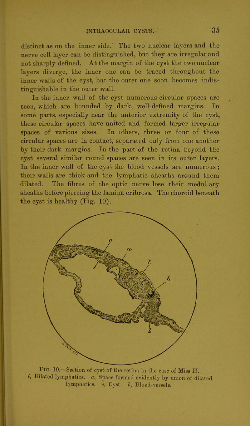 distinct as on the inner side.' The two nuclear layers and the nerve cell layer can be distinguished, but they are irregular and not sharply defined. At the margin of the cyst the two nuclear layers diverge, the inner one can be traced throughout the inner walls of the cyst, but the outer one soon becomes indis- tinguishable in the outer wall. In the inner wall of the cyst numerous circular spaces are seen, which are bounded by dark, well-defined margins. In some parts, especially near the anterior extremity of the cyst, these circular spaces have united and formed larger irregular spaces of various sizes. In others, three or four of these circular spaces are in contact, separated only from one another by their dark margins. In the part of the retina beyond the cyst several similar round spaces are seen in its outer layers. In the inner wall of the cyst the blood vessels are numerous ; their walls are thick and the lymphatic sheaths around them dilated. The fibres of the optic nerve lose their medullary sheaths before piercing the lamina cribrosa. The choroid beneath the cyst is healthy (Fig. 10). Fig. 10.—Section of cyst of the retina in the case of Miss H. I, Dilated lymphatics, a, Space formed evidently by union of dilated lymphatics, c, Cyst, b, Blood-vessels.