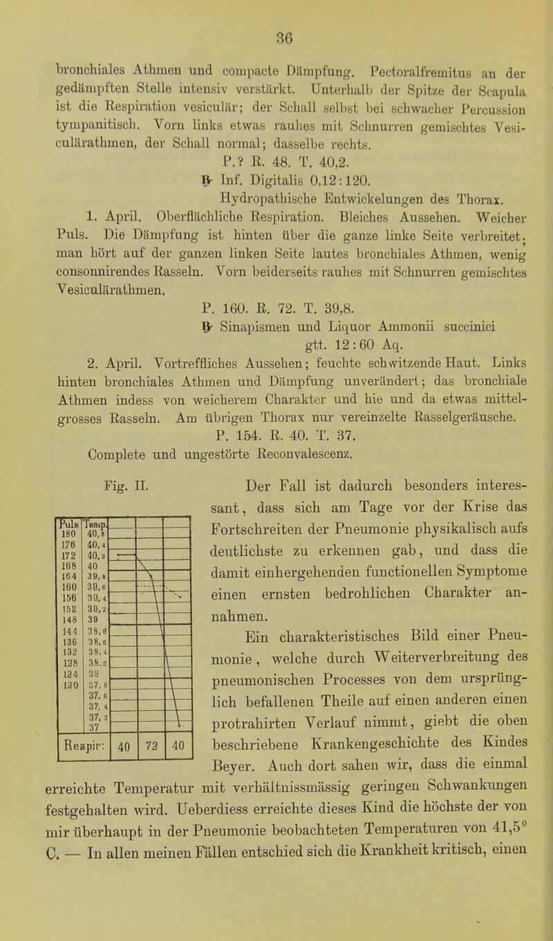 bronchiales Athmen und compacte Dämpfung. Pectoralfremituß an der gedämpften Stelle intensiv verstärkt. Unterhalb der Spitze der Scapula ist die Respiration vesicuUlr; der Schall selbst bei schwacher Percussion tympanitisch. Vorn links etwas rauhes mit Schnurren gemischtes Vesi- culärathmen, der Schall normal; dasselbe rechts. F.? R. 48. T. 40,2. 1> Inf. Digitalis 0,12:120. Hydropathische Entwickelungen des Thorax, 1. April. Oberflächliche Respiration. Bleiches Aussehen. Weicher Puls. Die Dämpfung ist hinten über die ganze linke Seile verbreitet, man hört auf der ganzen linken Seite lautes bronchiales Athmen, wenig consonnirendes Rasseln. Vorn beiderseits rauhes mit Schnurren gemischtes Vesiculärathmen. P. 160. R. 72. T. 39,8- Sinapismen und Liquor Ammonii succinici gtt. 12:60 Aq. 2. April. Vortreffliches Aussehen; feuchte schwitzende Haut. Links hinten bronchiales Athmen und Dämpfung unverändert; das bronchiale Athmen indess von weicherem Charakter und hie und da etwas mittel- grosses Rasseln. Am übrigen Thorax nur vereinzelte Rasselgeräusche. P. 154. R. 40. T. 37. Complete und ungestörte Reconvalescenz. Fig. IL Der Fall ist dadurch besonders interes- sant, dass sich am Tage vor der Krise das Fortschreiten der Pneumonie physikalisch aufs deutlichste zu erkennen gab, und dass die damit einhergehenden functionellen Symptome einen ernsten bedrohlichen Charakter an- nahmen. Ein charakteristisches Bild einer Pneu- monie , welche durch Weiterverbreitung des pneumonischen Processes von dem ursprüng- lich befallenen Theile auf einen anderen einen protrahirten Verlauf nimmt, giebt die oben beschriebene Krankengeschichte des Kindes Beyer. Auch dort sahen wir, dass die einmal erreichte Temperatur mit verhältnissmässig geringen Schwankungen festgehalten wird. Ueberdiess erreichte dieses Kind die höchste der von mir überhaupt in der Pneumonie beobachteten Temperaturen von 41,5 C. — In allen meinen Fällen entschied sich die Krankheit kritisch, einen Puls Temp 180 40,8 176 40,4 172 40, a 188 40 164 38,8 160 39.6 156 30,4 152 39,2 148 39 144 38.8 136 38,8 132 38,4 128 38,2 134 38 120 37, 8 37. B 37, 4 37. 2 37 Reapir; j n 40 72 40 i
