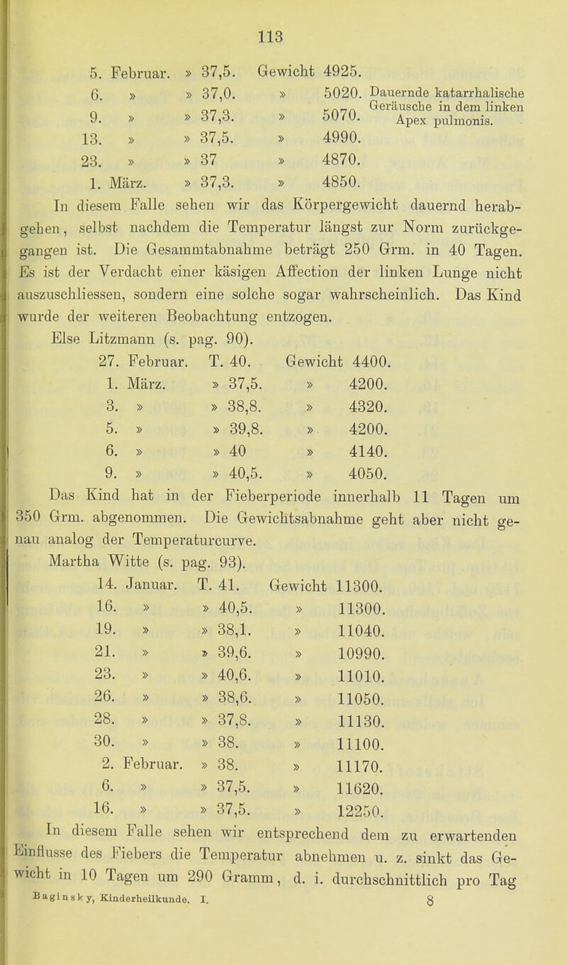 5. Februar. 6. » 9. » 13. » 23. » 1. März. » 37,5. » 37,0. » 37,3. » 37,5. » 37 » 37,3. Gewicht 4925. 5020. Dauernde katarrhalische Geräusche in dem linken Apex pulmonis. 5070. 4990. 4870. 4850. In diesem Falle sehen wir das Körpergewicht dauernd herab- gehen , selbst nachdem die Temperatur längst zur Norm zurückge- gangen ist. Die Gesammtabnahme beträgt 250 Grm. in 40 Tagen. Es ist der Verdacht einer käsigen Affection der linken Lunge nicht auszuschliessen, sondern eine solche sogar wahrscheinlich. Das Kind wurde der weiteren Beobachtung entzogen. Else Litzmann (s. pag. 90). 27. 1. 3. 5. 6. 9. Februar, März. » » T. 40. » 37,5. » 38,8. » 39,8. » 40 » 40,5. Gewicht 4400. » 4200. » 4320. » 4200. » 4140. » 4050. Das Kind hat in der Fieberperiode innerhalb 11 Tagen um 350 Grm. abgenommen. Die Gewichtsabnahme geht aber nicht ge- nau analog der Temperaturcurve. Martha Witte (s. pag. 93). 14. Januar. T. 41. Gewicht 11300. 16. » » 40,5. » 11300. 19. » » 38,1. » 11040. 21. » » 39,6. » 10990. 23. » » 40,6. » 11010. 26. » » 38,6. » 11050. 28. » » 37,8. » 11130. 30. » » 38. » 11100. 2. Februar. » 38. » 11170. 6. » » 37,5. » 11620. 16. » » 37,5. » 12250. In diesem Falle sehen wir entsprechend dem zu erwartenden Einflüsse des Fiebers die Temperatur abnehmen u. z. sinkt das Ge- wicht in 10 Tagen um 290 Gramm, d. i. durchschnittlich pro Tag Baginsky, Kinderheilkunde. I. §