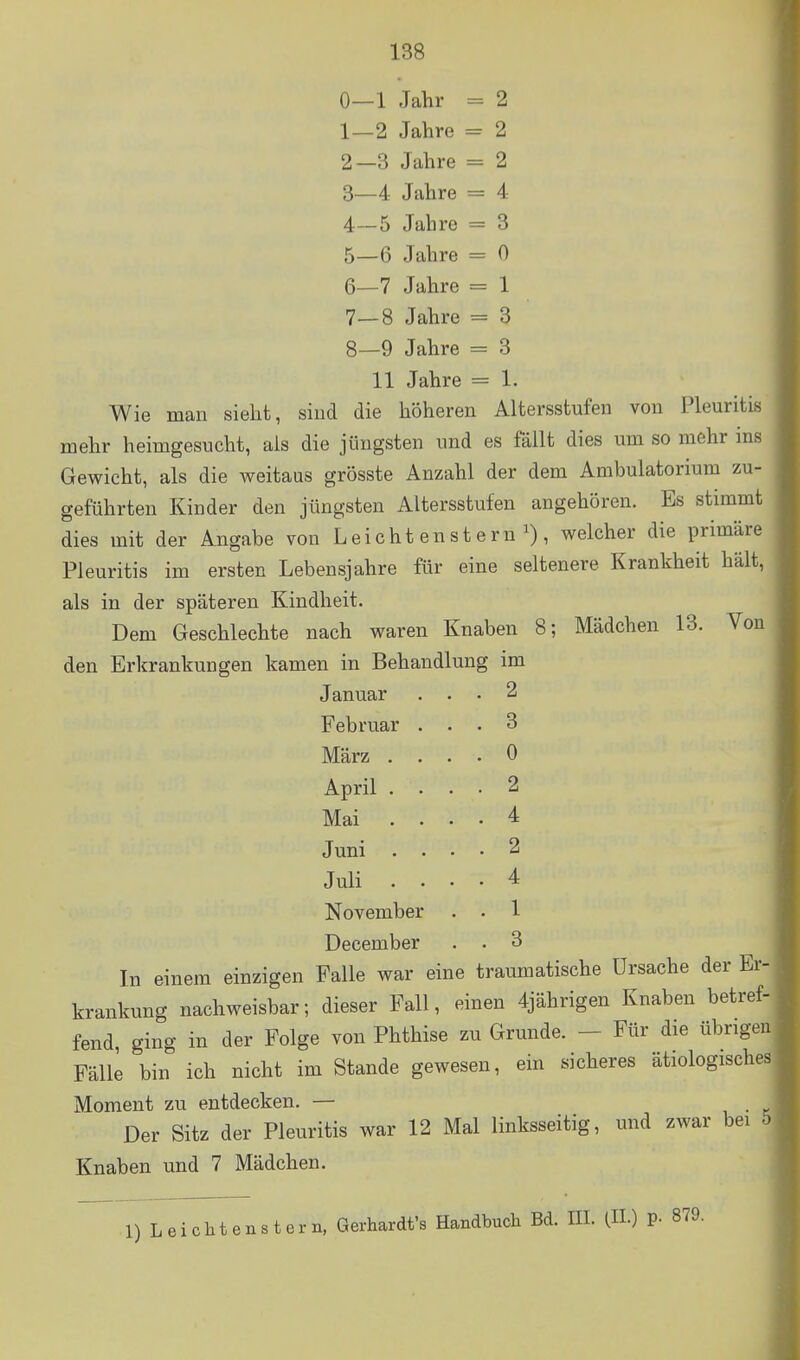 2 2 2 4 3 0 1 3 3 : 1. 0— 1 Jahr 1— 2 Jahre ■■ 2— 3 Jahre 3— 4: Jahre 4— 5 Jahre 5— 6 Jahre 6— 7 Jahre 7— 8 Jahre 8— 9 Jahre 11 Jahre Wie man sieht, sind die höheren Altersstufen von Pleuritis mehr heimgesucht, als die jüngsten und es fällt dies um so mehr ins Gewicht, als die weitaas grösste Anzahl der dem Ambulatorium zu- geführten Kinder den jüngsten Altersstufen angehören. Es stimmt dies mit der Angabe von Leicht en st ern , welcher die primäre Pleuritis im ersten Lebensjahre für eine seltenere Krankheit hält, als in der späteren Kindheit. Dem Geschlechte nach waren Knaben 8; Mädchen 13. Von den Erkrankungen kamen in Behandlung im Januar Februar März . April . Mai . Juni . Juli November December In einem einzigen Falle war eine traumatische Ursache der Er- krankung nachweisbar; dieser Fall, einen 4jährigen Knaben betref- fend, ging in der Folge von Phthise zu Grunde. - Für die übrigen Fälle bin ich nicht im Stande gewesen, ein sicheres ätiologisches Moment zu entdecken. — Der Sitz der Pleuritis war 12 Mal linksseitig, und zwar bei Knaben und 7 Mädchen. 0 4 1) Leichtenstern, Gerhardt's Handbuch Bd. m. (IL) P- 879.