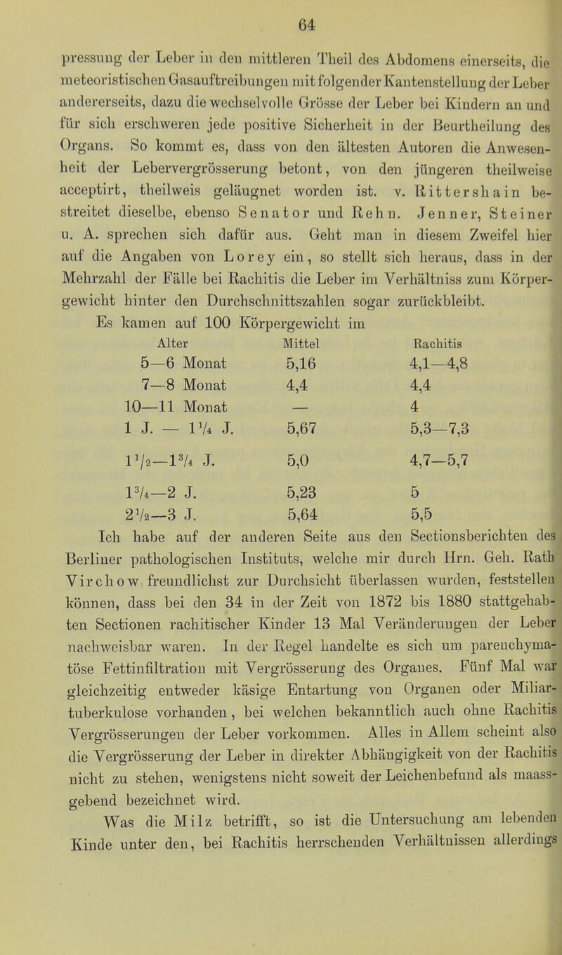 pressuug der Leber in den mittleren Tlieil des Abdomens einerseits, die raeteoristisclien Gasauftreibungen mit folgender Kantenstellung der Leber andererseits, dazu die wecliselvolle Grösse der Leber bei Kindern an und für sich erschweren jede positive Sicherheit in der Beurtheilung des Organs. So kommt es, dass von den ältesten Autoren die Anwesen- heit der Lebervergrösserung betont, von den jüngeren theilweise acceptirt, theilweis geläugnet worden ist. v. Rittershain be- streitet dieselbe, ebenso Senator und Rehn. Jenner, Steiner u. A. sprechen sich dafür aus. Geht man in diesem Zweifel hier auf die Angaben von Lorey ein, so stellt sich heraus, dass in der Mehrzahl der Fälle bei Rachitis die Leber im Verhältniss zum Körper- gewicht hinter den Durchschnittszahlen sogar zurückbleibt. Es kamen auf 100 Körpergewicht im Alter Mittel Rachitis 5—6 Monat 5,16 4,1-4,8 7—8 Monat 4,4 4,4 10—11 Monat 4 1 J. — VU J. 5,67 5,3-7,3 1^2-1^/4 J. 5,0 4,7—5,7 13/4—2 J. 5,23 5 2V2—3 J. 5,64 5,5 Ich habe auf der anderen Seite aus den Sectionsberichteu des Berliner pathologischen Instituts, welche mir durch Hrn. Geh. Rath Virchow freundlichst zur Durchsicht überlassen wurden, feststellen können, dass bei den 34 in der Zeit von 1872 bis 1880 stattgehab- ten Sectionen rachitischer Kinder 13 Mal Veränderungen der Leber nachweisbar waren. In der Regel handelte es sich um parenchyma- töse Fettinfiltratiou mit Vergrösserung des Orgaues. Fünf Mal war gleichzeitig entweder käsige Entartung von Organen oder Miliar- tuberkulose vorhanden, bei welchen bekanntlich auch ohne Rachitis Vergrösserungeu der Leber vorkommen. Alles in Allem scheint also die Vergrösserung der Leber in direkter Abhängigkeit von der Rachitis nicht zu stehen, wenigstens nicht soweit der Leichenbefund als maass- gebend bezeichnet wird. Was die Milz betrifft, so ist die Untersuchung am lebenden Kinde unter den, bei Rachitis herrschenden Verhältnissen allerdings