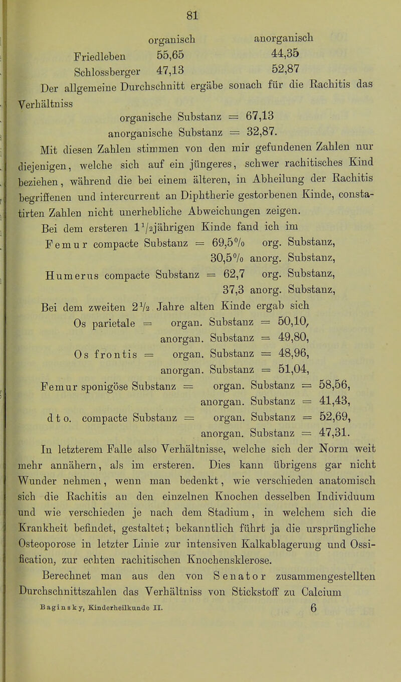 organisch anorganiscli Friedleben 55,65 44,35 Schlossberger 47,13 52,87 Der allgemeine Durchschnitt ergäbe sonach für die Rachitis das Verhältniss organische Substanz = 67,13 anorganische Substanz = 32,87. Mit diesen Zahlen stimmen von den mir gefundenen Zahlen nur diejenigen, welche sich auf ein jüngeres, schwer rachitisches Kind beziehen, während die bei einem älteren, in Abheilung der Rachitis begriffenen und intercurrent an Diphtherie gestorbenen Kinde, consta- tirten Zahlen nicht unerhebliche Abweichungen zeigen. Bei dem ersteren l^sjährigen Kinde fand ich im Pemur compacte Substanz = 69,5% org. Substanz, 30,5% anorg. Substanz, Humerus compacte Substanz = 62,7 org. Substanz, 37,3 anorg. Substanz, Bei dem zweiten 2V2 Jahre alten Kinde ergab sich Os parietale = organ. Substanz = 50,10, anorgan. Substanz = 49,80, Os frontis = organ. Substanz = 48,96, anorgan. Substanz = 51,04, Femur sponigöse Substanz = organ. Substanz = 58,56, anorgan. Substanz = 41,43, d t 0. compacte Substanz = organ. Substanz = 52,69, anorgan, Substanz = 47,31. In letzterem Falle also Verhältnisse, welche sich der Norm weit mehr annähern, als im ersteren. Dies kann übrigens gar nicht Wunder nehmen, wenn man bedenkt, wie verschieden anatomisch, sich die Rachitis au den einzelnen Knochen desselben Individuum und wie verschieden je nach dem Stadium, in welchem sich die Krankheit befindet, gestaltet; bekanntlich führt ja die ursprüngliche Osteoporose in letzter Linie zur intensiven Kalkablageruug und Ossi- fication, zur echten rachitischen Knochensklerose, Berechnet man aus den von Senator zusammengestellten Durchschnittszahlen das Verhältniss von Stickstoff zu Calcium Baginsky, Kinderheilkunde II. Q