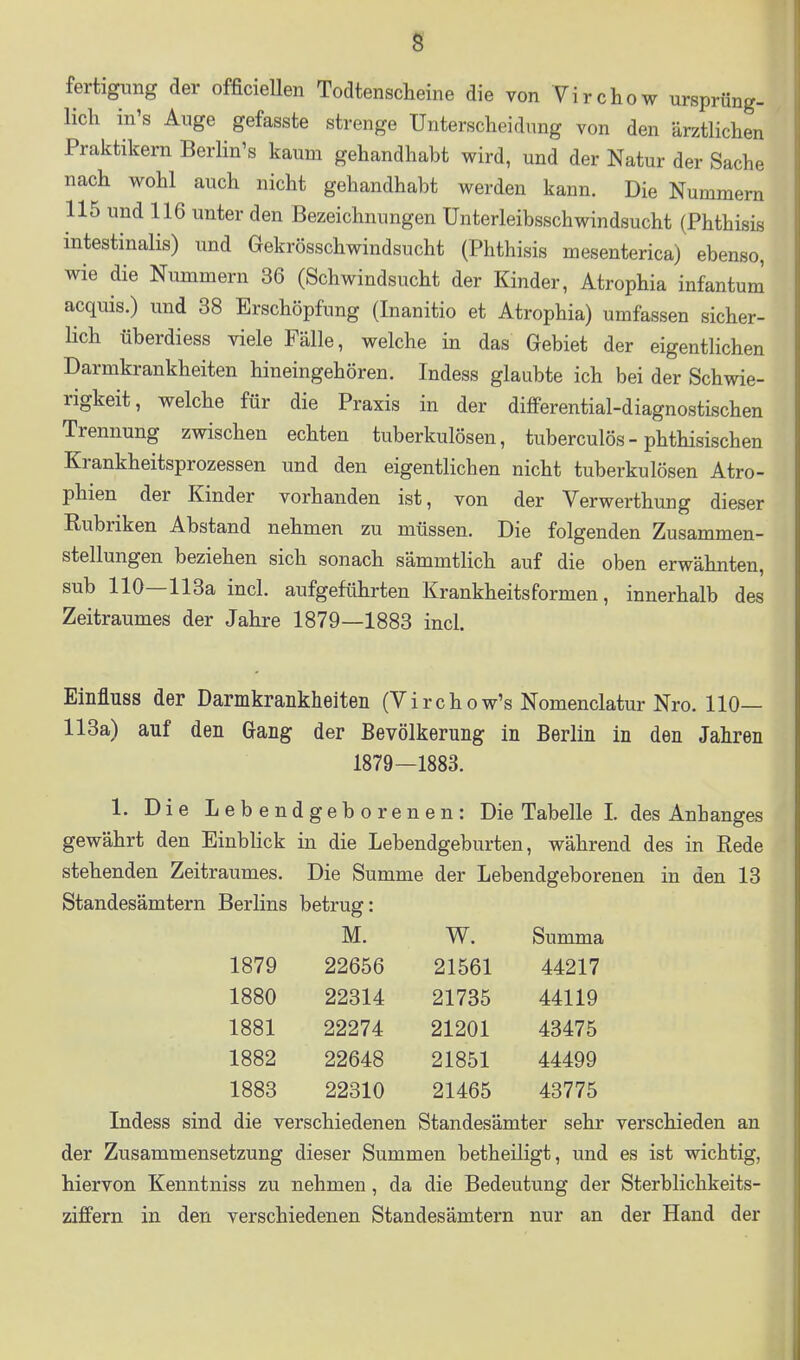 fertigimg der officiellen Todtenscheine die von Virchow ursprüng- lich in's Auge gefasste strenge Unterscheidung von den ärztlichen Praktikern Berlin's kaum gehandhabt wird, und der Natur der Sache nach wohl auch nicht gehandhabt werden kann. Die Nummern 115 und 116 unter den Bezeichnungen ünterleibsschwindsucht (Phthisis intestinalis) und Gekrösschwindsucht (Phthisis mesenterica) ebenso, wie die Nummern 36 (Schwindsucht der Kinder, Atrophia infantum acquis.) und 38 Erschöpfung (Inanitio et Atrophia) umfassen sicher- lich überdiess viele Fälle, welche in das Gebiet der eigentlichen Darmkrankheiten hineingehören. Indess glaubte ich bei der Schwie- rigkeit, welche für die Praxis in der differential-diagnostischen Trennung zwischen echten tuberkulösen, tuberculös- phthisischen Krankheitsprozessen und den eigentlichen nicht tuberkulösen Atro- phien der Kinder vorhanden ist, von der Verwerthung dieser Rubriken Abstand nehmen zu müssen. Die folgenden Zusammen- stellungen beziehen sich sonach sämmtlich auf die oben erwähnten, sub 110—113a incl. aufgeführten Krankheits formen, innerhalb des Zeitraumes der Jahre 1879—1883 incl. Elnfluss der Darmkrankheiten (Virchow's Nomenclatur Nro. 110— 113a) auf den Gang der Bevölkerung In Berlin in den Jahren 1879—1883. 1. Die Lebendgeborenen: Die Tabelle I. des Anhanges gewährt den Einblick in die Lebendgeburten, während des in Rede stehenden Zeitraumes. Die Summe der Lebendgeborenen in den 13 Standesämtern Berlins betrug: M. W. Summa 1879 22656 21561 44217 1880 22314 21735 44119 1881 22274 21201 43475 1882 22648 21851 44499 1883 22310 21465 43775 Indess sind die verschiedenen Standesämter sehr verschieden an der Zusammensetzung dieser Summen betheiligt, und es ist wichtig, hiervon Kenntniss zu nehmen, da die Bedeutung der Sterblichkeits- zijffern in den verschiedenen Standesämtern nur an der Hand der