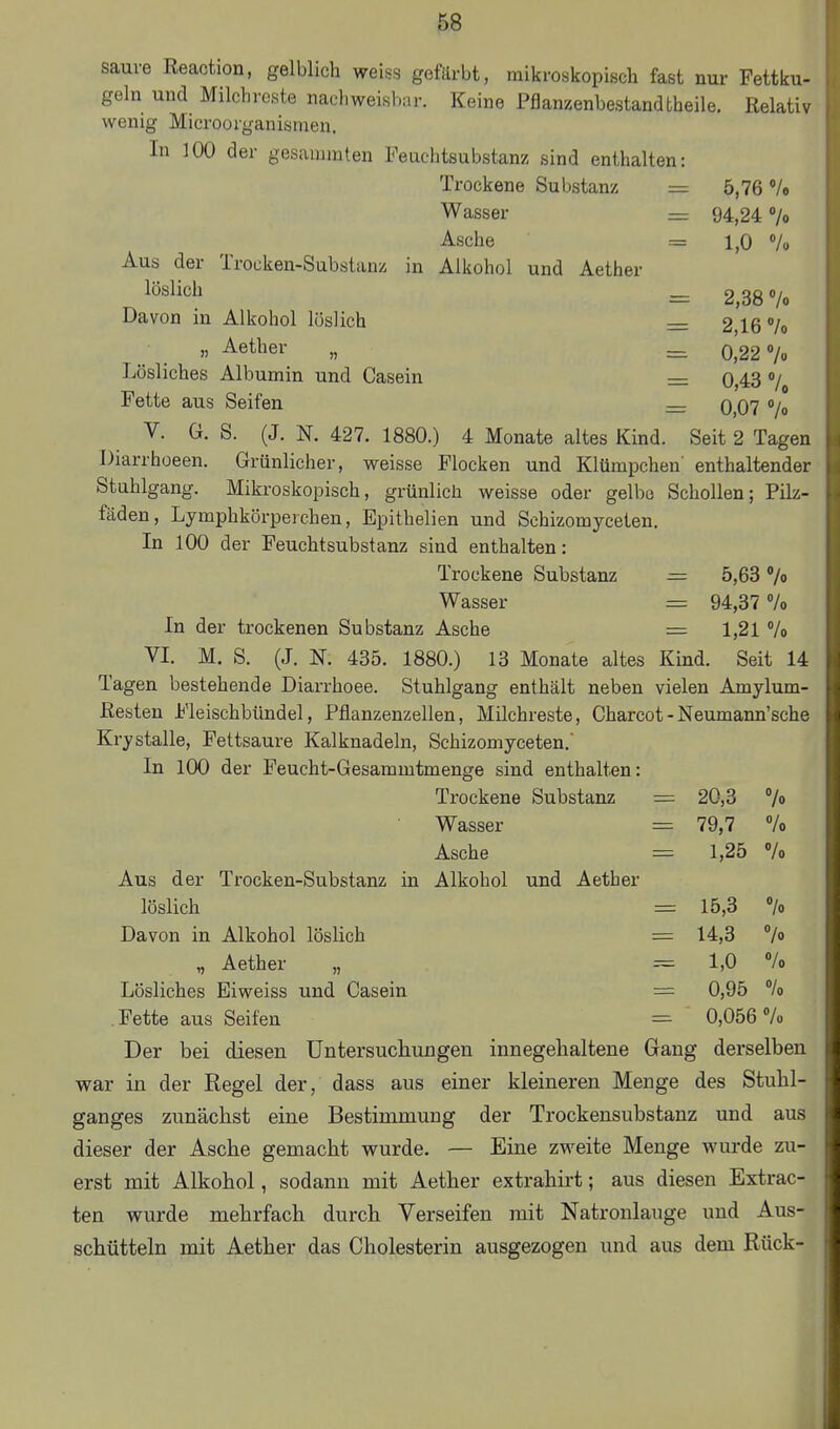 saure Reaction, gelblich weiss gefärbt, mikroskopisch fast nur Fettku- geln und Milchrcste nachweisbar. Keine Pflanzenbestandtbeile. Relativ wenig Microorganisnien. In 100 der gesanimten Peuchtsubstanz sind enthalten: Trockene Substanz = 5,76»/« Wasser = 94,24 7o Asche = 1,0 7o Aus der Trocken-Substanz in Alkohol und Aether löslich ^ 2,38 «/o Davon in Alkohol löslich = 2 16 7o » Aether „ ^ 0,22 7« Lösliches Albumin und Casein = 0,43 7 Fette aus Seifen — o,07 7o V. G. S. (J. N. 427. 1880.) 4 Monate altes Kind. Seit 2 Tagen Diarrhoeen. Grünlicher, weisse Flocken und Klümpchen' enthaltender Stuhlgang. Mikroskopisch, grünlich weisse oder gelbo Schollen; Pik- fäden, Lymphkörpeichen, Epithelien und Schizomyceten. In 100 der Feuchtsubstanz sind enthalten: Trockene Substanz — 5,63 7o Wasser = 94,37 7o In der trockenen Substanz Asche = 1,21 7o VI. M. S. (.1. N. 435. 1880.) 13 Monate altes Kind. Seit 14 Tagen bestehende Diarrhoee. Stuhlgang enthält neben vielen Amylum- Resten Fleischbündel, Pflanzenzellen, Milchreste, Charcot - Neumann'sehe Krystalle, Fettsaure Kalknadeln, Schizomyceten.' In 100 der Feucht-Gesammtmenge sind enthalten: Trockene Substanz = 20,3 7o Wasser = 79,7 7o Asche = 1,25 7o Aus der Trocken-Substanz in Alkohol und Aether löslich = 15,3 7o Davon in Alkohol löslich = 14,3 7» „ Aether „ = 1,0 7o Lösliches Eiweiss und Casein = 0,95 % .Fette aus Seifen ^ ' 0,056 7o Der bei diesen Untersuchungen innegehaltene Gang derselben war in der Regel der, dass aus einer kleineren Menge des Stuhl- ganges zunächst eine Bestimmung der Trockensubstanz und aus dieser der Asche gemacht wurde. — Eine zweite Menge wurde zu- erst mit Alkohol, sodann mit Aether extrahirt; aus diesen Extrac- ten wurde mehrfach durch Verseifen mit Natronlauge und Aus- schütteln mit Aether das Cholesterin ausgezogen und aus dem Rück-