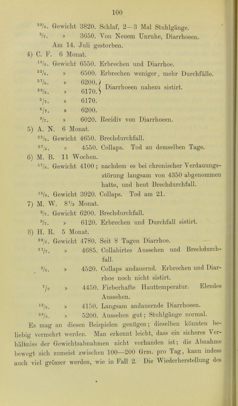 2/ 10. Gewiclit » » » » ^/^. » Vi. » »/o. Gewicht 3820. Schlaf, 2-3 Mal Stuhlgänge. ^h. » 3G50. Von Neuem Unruhe, Diarrhoeen. Am 14. Juli gestorben. 4) C. F. 6 Monat. 6550. Erbrechen und Diarrhoe. 6500. Erbrechen weniger, mehr Durchfälle. Diarrhoeen nahezu «i.tirt. 6170. 6200. 6020. Recidiv von Diarrhoeen. 5) A. N. 6 Monat. 2 Gewicht 4650. Brechdurchfall. 2 7/6, » 4550. CoUaps. Tod an demselben Tage. 6) M. B. 11 Wochen. /s. Gewicht 4100 ; nachdem es bei chronischer Verdauungs- störung langsam von 4350 abgenommen hatte, und heut Brechdurchfall. 18/8. Gewicht 3920. Collaps. Tod am 21. 7) M. W. 8V2 Monat. 3/7. Gewicht 6200. Brechdurchfall. 8/7. » 6120. Erbrechen und Durchfall sistirt. 8) H. R. 5 Monat. 29/7. Gewicht 4780. Seit 8 Tagen Diarrhoe. 31/7. » 4685. Collabirtes Aussehen und Brechdurch- fall. ^/e. » 4520. Collaps andauernd. Erbrechen und Diar- rhoe noch nicht sistirt. 7/8 » 4450. Fieberhafte Hauttemperatur. Elendes Aussehen. 12/8. » 4150. Langsam andauernde Diarrhoeen. 2 8/8. » 5200. Aussehen gut; Stuhlgänge normal. Es mag an diesen Beispielen genügen; dieselben könnten be- liebig vermehrt w^erden. Man erkennt leicht, dass ein sicheres Ver- hältniss der Gewichtsabnahmen nicht vorhanden ist; die Abnahme bewegt sich zumeist zwischen 100—200 Grm. pro Tag, kann iudess auch viel grösser werden, wie in Fall 2. Die Wiederherstellimg des