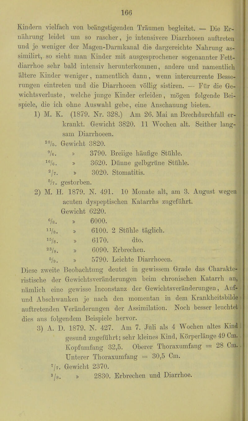 160 Kindern vielfacli von beängstigenden Träumen begleitet. — Die Er- nährung leidet um so rascher, je intensivere Diarrhoeen auftreten und je weniger der Magen-Darmkanal die dargereichte Nahrung as- similirt, so sieht man Kinder mit ausgesprochener sogenannter Fett- diarrhoe sehr bald intensiv herunterkomnen, andere und namentlich ältere Kinder weniger, namentlich dann, wenn intercurrente Besse- rungen eintreten und die Diarrhoeen völlig sistiren. — Für die Ge- wichtsverluste , welche junge Kinder erleiden, mögen folgende Bei- spiele, die ich ohne Auswahl gebe, eine Anschauung bieten. 1) M. K. (1879. Nr. 328.) Am 26. Mai an Brechdurchfall er- krankt. Gewicht 3820. 11 Wochen alt. Seither lang- sam Diarrhoeen. Gewicht 3820. /o. » 3790. Breiige häufige Stühle, ^/c. » 3620. Dünne gelbgrüne Stühle. 2/7. » 3020. Stomatitis. ^7. gestorben. 2) M. H. 1879. N. 491. 10 Monate alt, am 3. August wegen acuten dyspeptischen Katarrhs zugeführt. Gewicht 6220. 'Ib. » 6000. » 6100. 2 Stühle täglich. » 6170. dto. 23/8. » 6090. Erbrechen. » 5790. Leichte Diarrhoeen. Diese zweite Beobachtung deutet in gewissem Grade das Charakte- ristische der Gewichtsveränderungen beim chronischen Katarrh au, nämlich eine gewisse Inconstanz der Gewichtsveränderungen, Auf- und Abschwanken je nach den momentan in dem Krankheitsbilde auftretenden Veränderungen der Assimilation. Noch besser leuchtet dies aus folgendem Beispiele hervor. 3) A. D. 1879. N. 427. Am 7. JuH als 4 Wochen altes Kind gesund zugeführt; sehr kleines Kind, Körperlänge 49 Cm. Kopfumfang 32,5. Oberer Thoraxumfang = 28 Cm. Unterer Thoraxumfang = 30,5 Cm. 7/7. Gewicht 2370. 3/8. » 2830. Erbrechen und Diarrhoe.