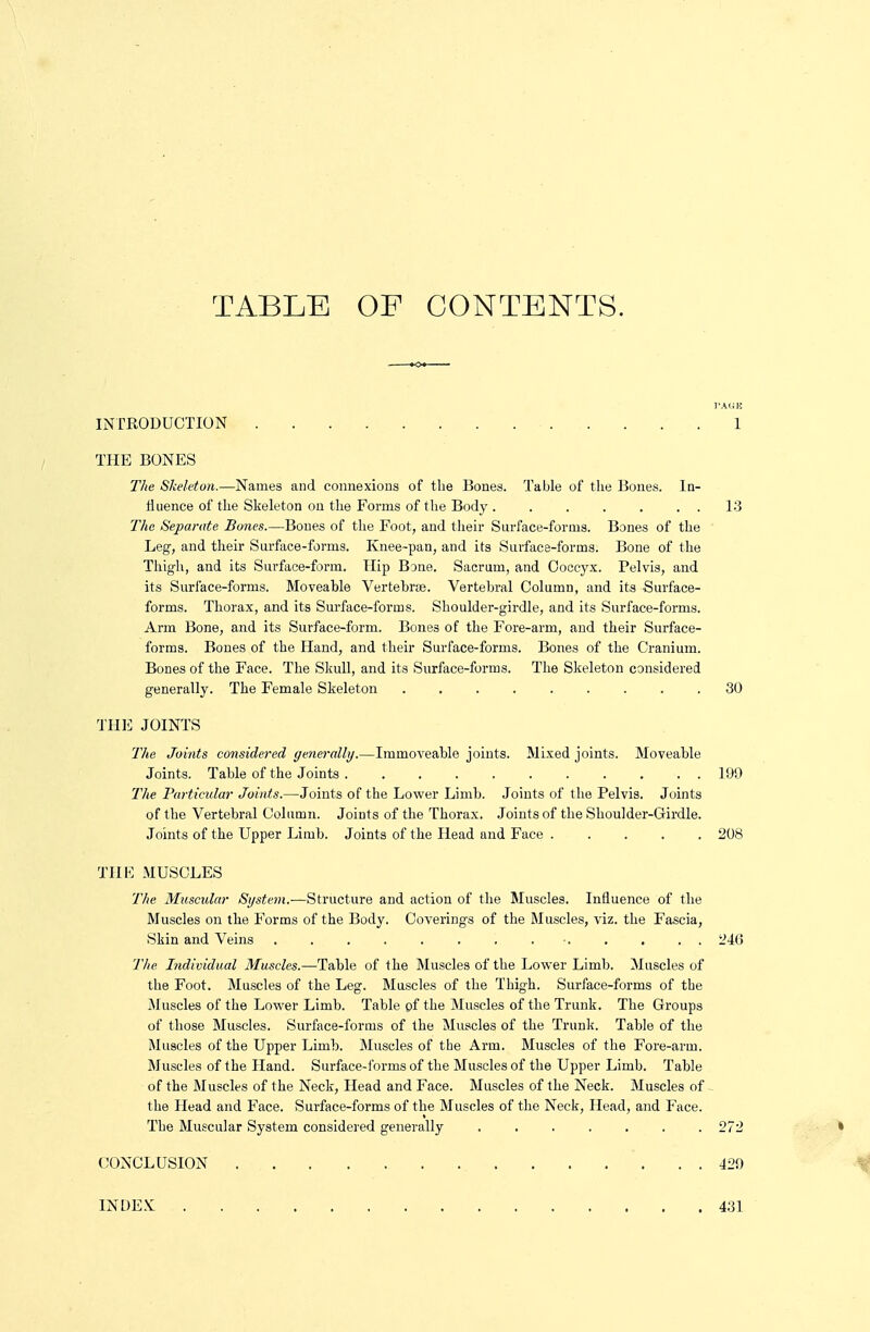 TABLE OF CONTENTS. INTRODUCTION I THE BONES The Skeleton.—Names and connexions of the Bones. Table of the Bones. In- iluence of the Skeleton on the Forms of the Body 13 The Separate Bones.—Bones of the Foot, and their Surface-forms. Bones of the Leg, and their Surface-forms. Knee-pan, and its Surface-forms. Bone of the Tliigli, and its Surface-form. Hip Bone. Sacrum, and Coccyx. Pelvis, and its Surface-forms. Moveable Vertebrae. Vertebral Column, and its Surface- forms. Thorax, and its Surface-forms. Shoulder-girdle, and its Surface-forms. Arm Bone, and its Surface-form. Bones of the Fore-arm, and their Surface- forms. Bones of the Hand, and their Surface-forms. Bones of the Cranium. Bones of the Face. The Slcull, and its Surface-forms. The Skeleton considered generally. The Female Skeleton ......... 30 THE JOINTS 77ie Joints considered generally.—Immoveable joints. Mixed joints. Moveable Joints. Table of the Joints 199 llie Particular Joints.—Joints of the Lower Limb. Joints of tlie Pelvis. Joints of the Vertebral Column. Joints of the Thorax. Joints of the Shoulder-Girdle. Joints of the Upper Limb. Joints of the Head and Face ..... 208 THE MUSCLES The Muscular System.—Structure and action of the Muscles. Influence of the Muscles on the Forms of the Body. Coverings of the Muscles, viz. the Fascia, Skin and Veins • ^46 The Individual Muscles.—Table of the Muscles of the Lower Limb. Muscles of the Foot. Muscles of the Leg. Muscles of the Thigh. Surface-foi-ms of the Muscles of the Lower Limb. Table pf the Muscles of the Trunk. The Groups of those Muscles. Surface-forms of the Muscles of the Trunk. Table of the Muscles of the Upper Limb. Muscles of tbe Arm. Muscles of the Fore-arm. Muscles of the Pland. Surface-forms of the Muscles of the Upper Limb. Table of the Muscles of the Neck, Head and Face. Muscles of the Neck. Muscles of - the Head and Face. Surface-forms of the Muscles of the Neck, Head, and Face. The Muscular System considered generally ....... 272 CONCLUSION 429 INDEX 431